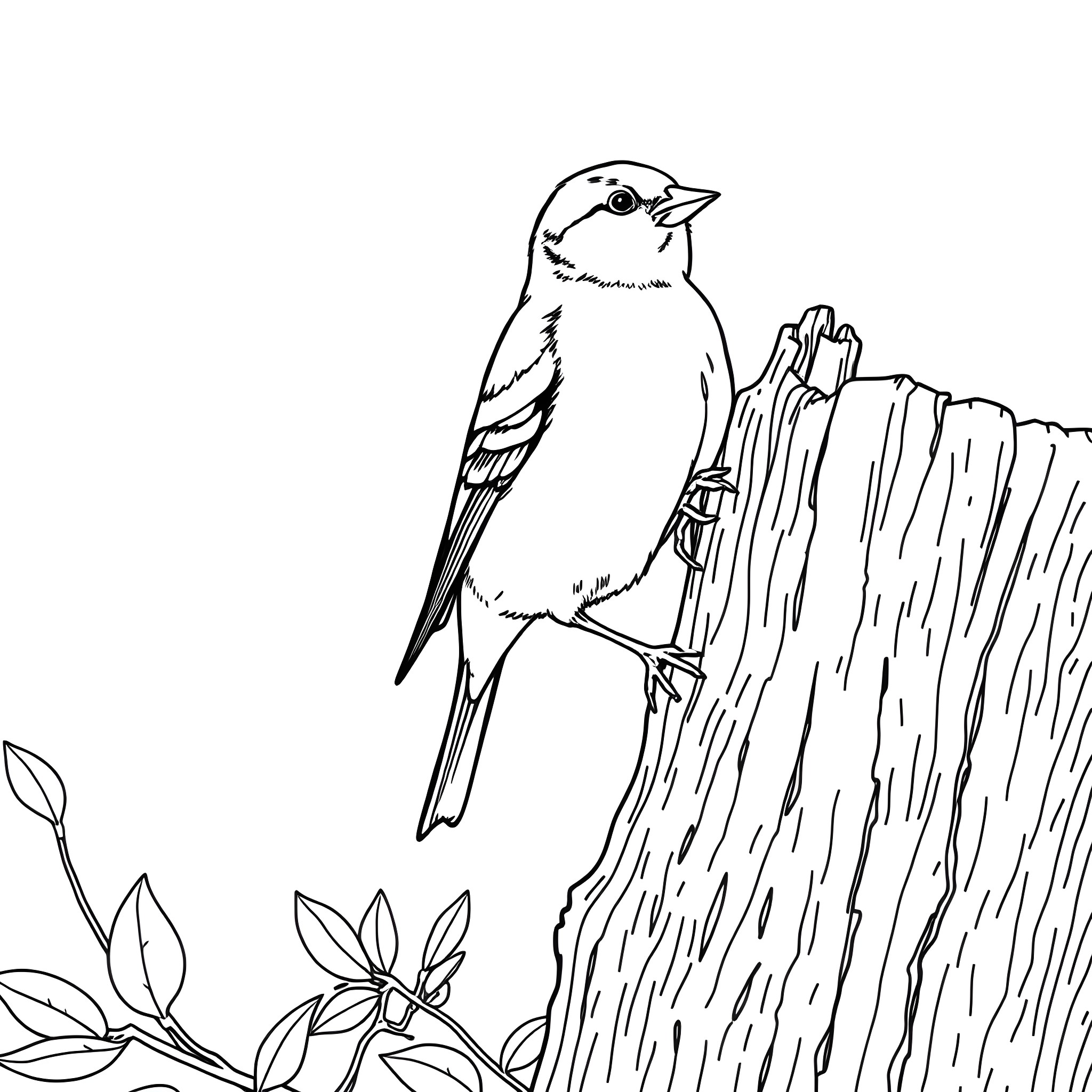 Goldfinch resting on a wooden post Coloring Page (free black-and-white line drawing printable PDF for all, from beginners to advanced learners, including children, teens, adults, and seniors)