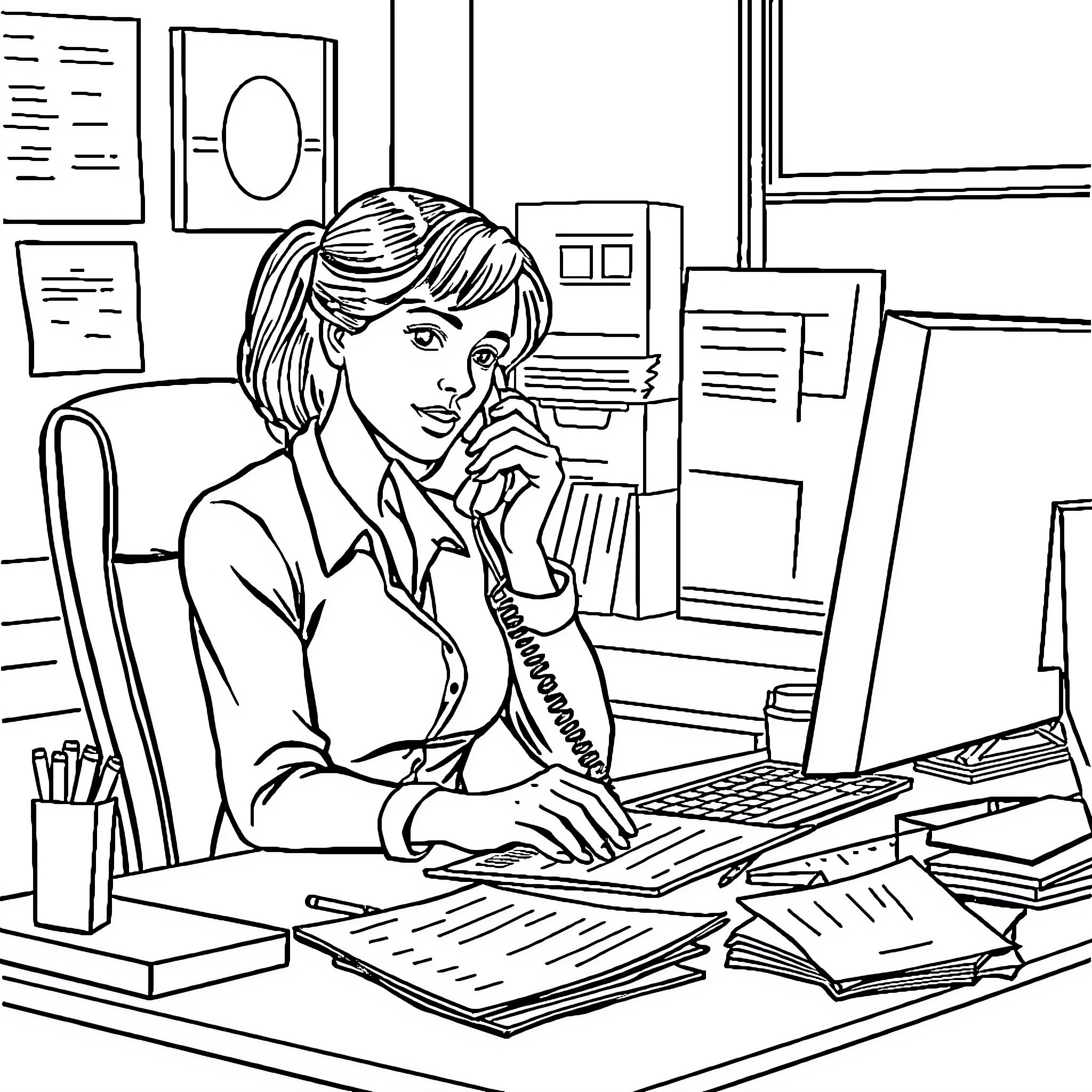 Worker at Desk Diligently Completing Paperwork Coloring Page (free black-and-white line drawing printable PDF for all, from beginners to advanced learners, including children, teens, adults, and seniors)