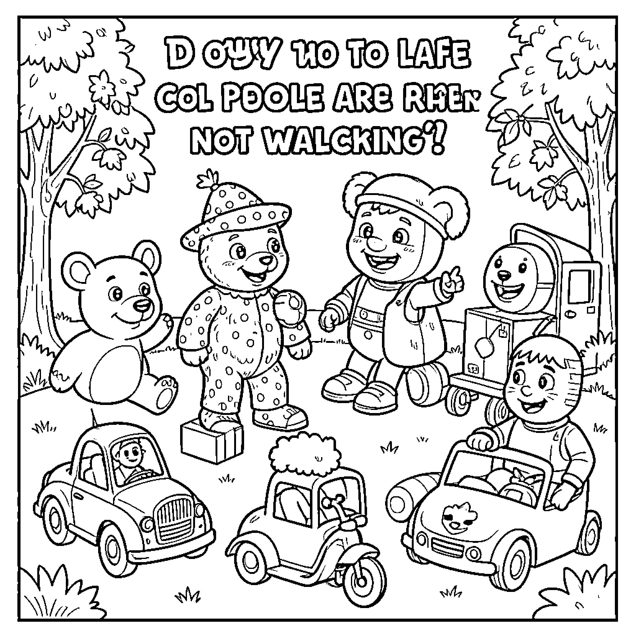 Toy Story of happy characters playing with vehicles Coloring Page (free black-and-white line drawing printable PDF for all, from beginners to advanced learners, including children, teens, adults, and seniors)