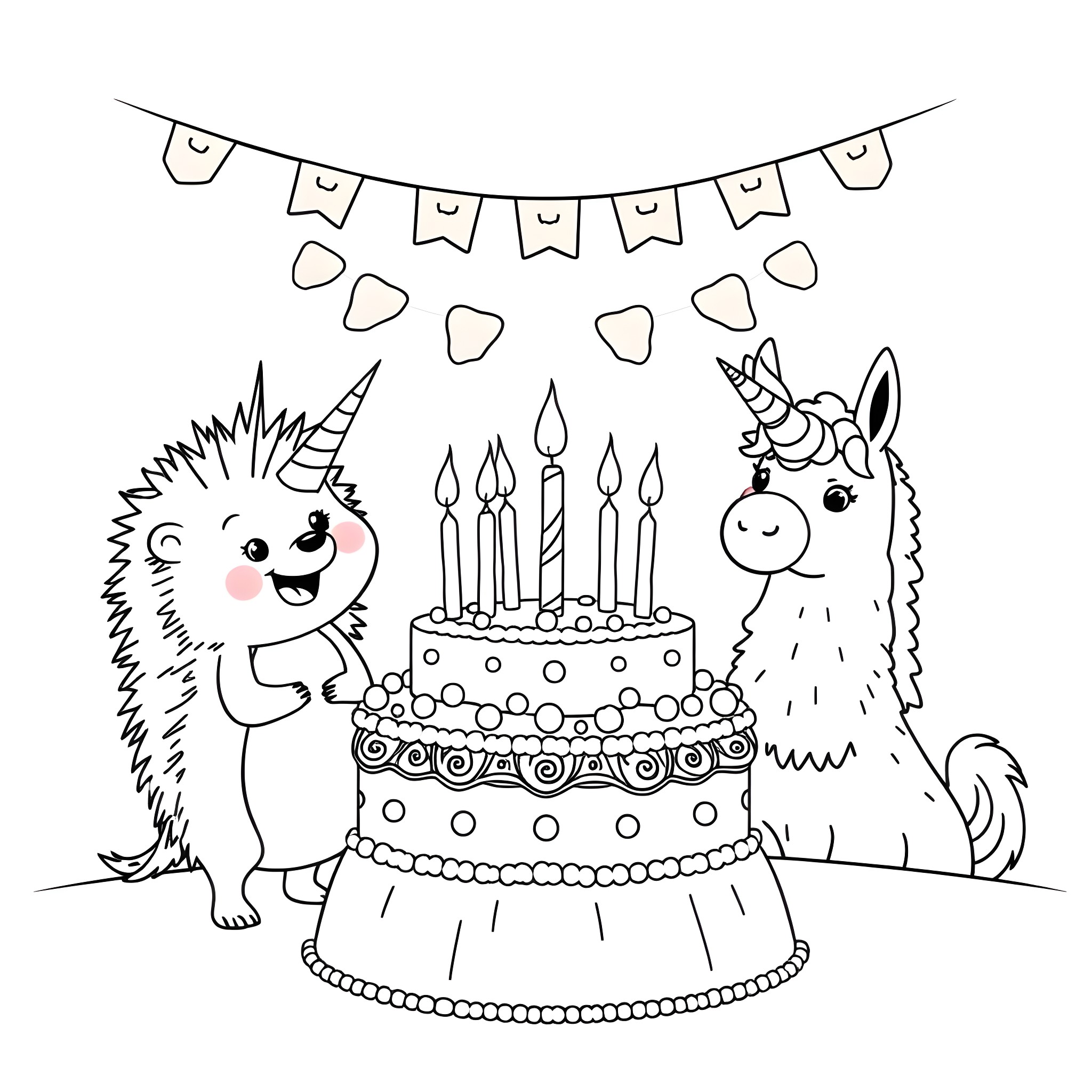 Hedgehog and Llama Celebrating Birthday with Cake Coloring Page (free black-and-white line drawing printable PDF for all, from beginners to advanced learners, including children, teens, adults, and seniors)