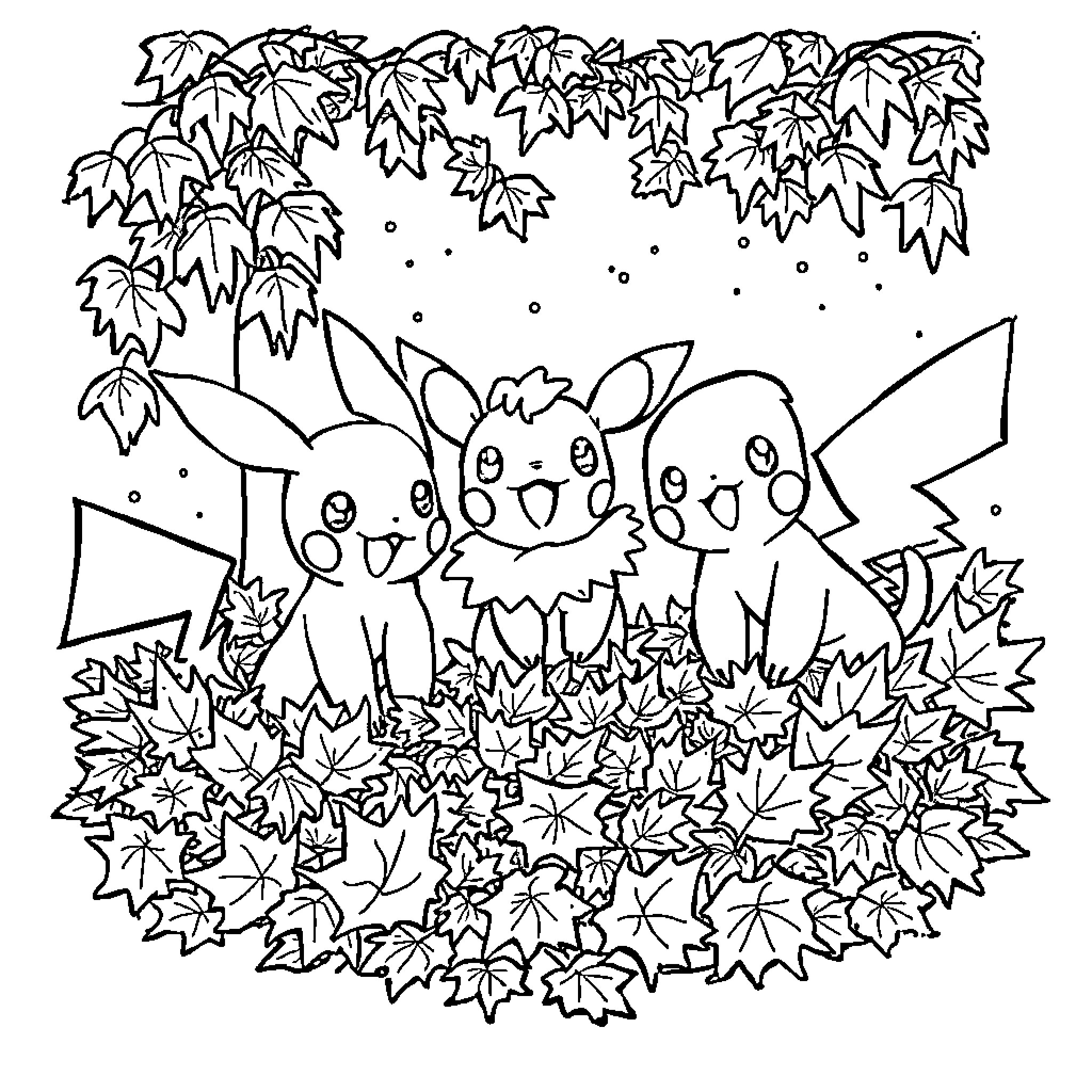 Pokémon Autumn Adventure in the Forest Coloring Page (free black-and-white line drawing printable PDF for all, from beginners to advanced learners, including children, teens, adults, and seniors)