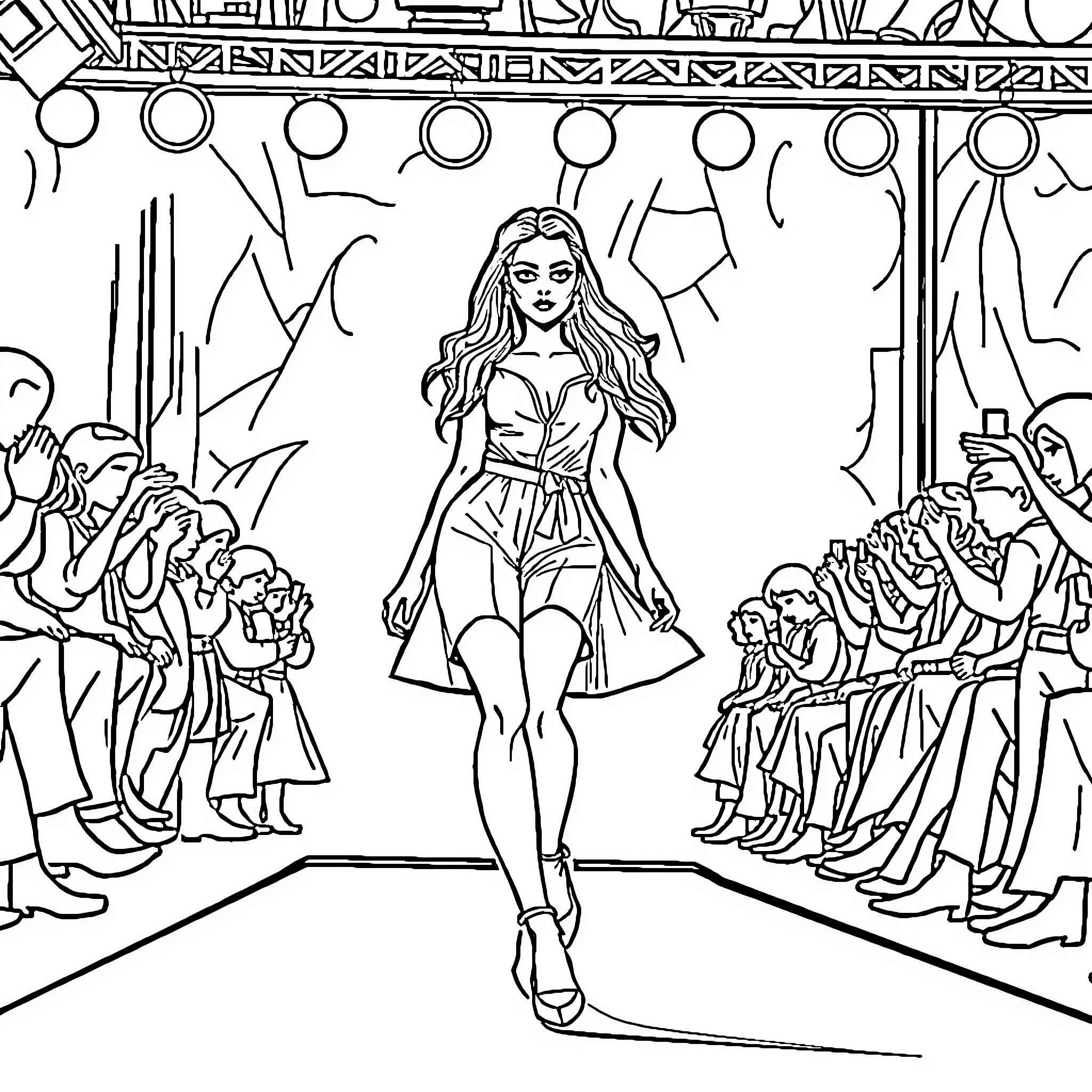 Girl walking confidently on the runway Coloring Page (free black-and-white line drawing printable PDF for all, from beginners to advanced learners, including children, teens, adults, and seniors)