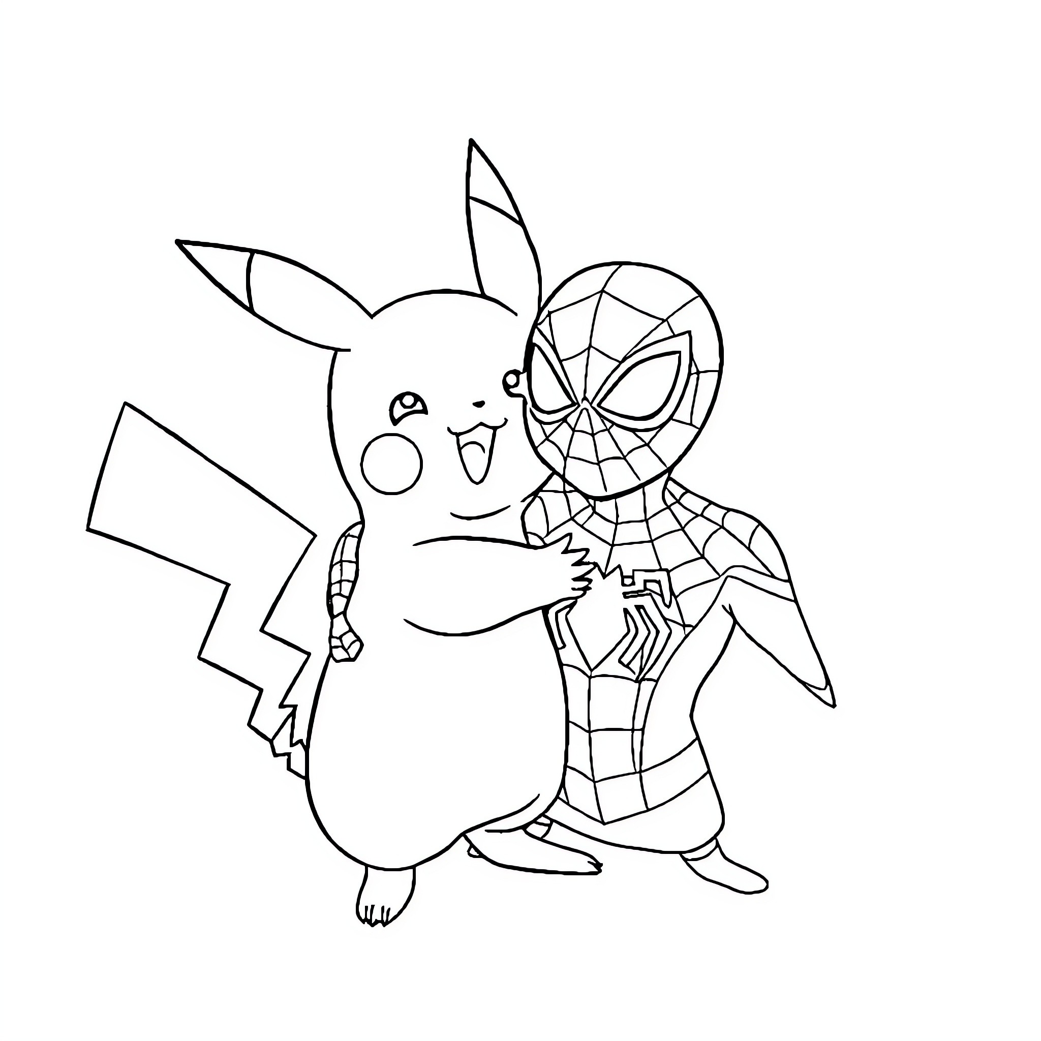 Pikachu and Spider-Man in a playful encounter Coloring Page (free black-and-white line drawing printable PDF for all, from beginners to advanced learners, including children, teens, adults, and seniors)