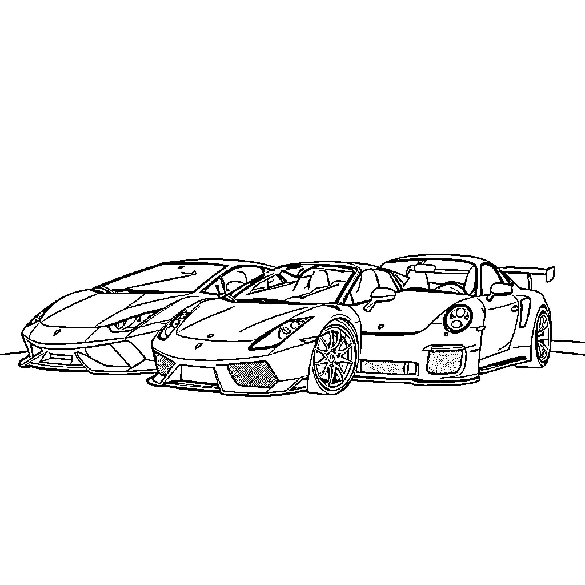 Car lineup with racing and exotic models Coloring Page (free black-and-white line drawing printable PDF for all, from beginners to advanced learners, including children, teens, adults, and seniors)