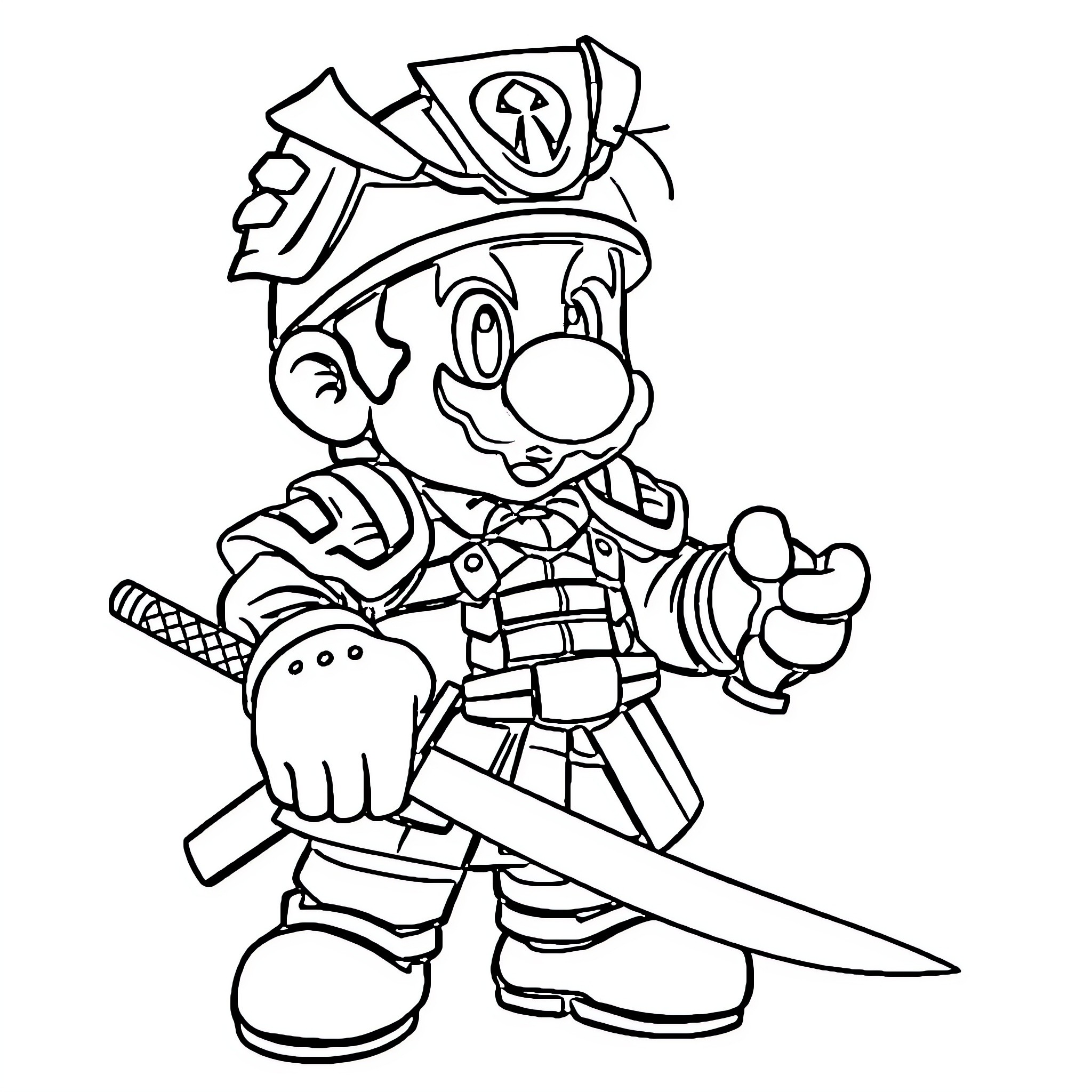 Mario the Pirate Captain with Sword and Hat Coloring Page (free black-and-white line drawing printable PDF for all, from beginners to advanced learners, including children, teens, adults, and seniors)
