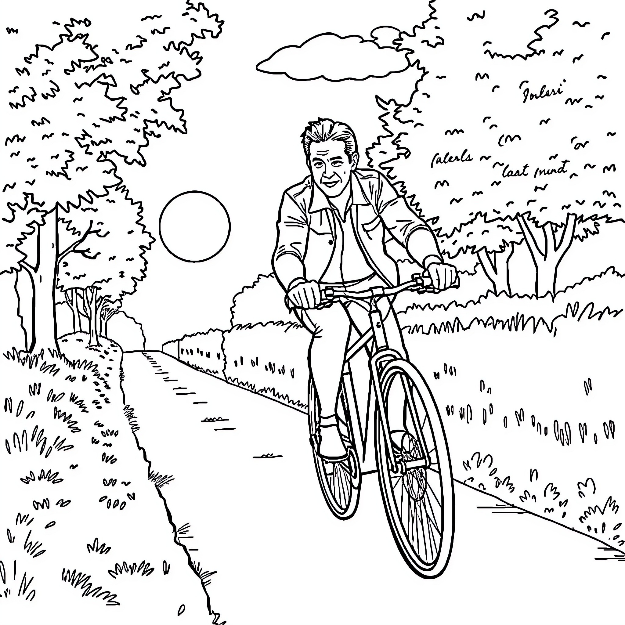 Nicolas Sarkozy biking through a scenic countryside Coloring Page (free black-and-white line drawing printable PDF for all, from beginners to advanced learners, including children, teens, adults, and seniors)