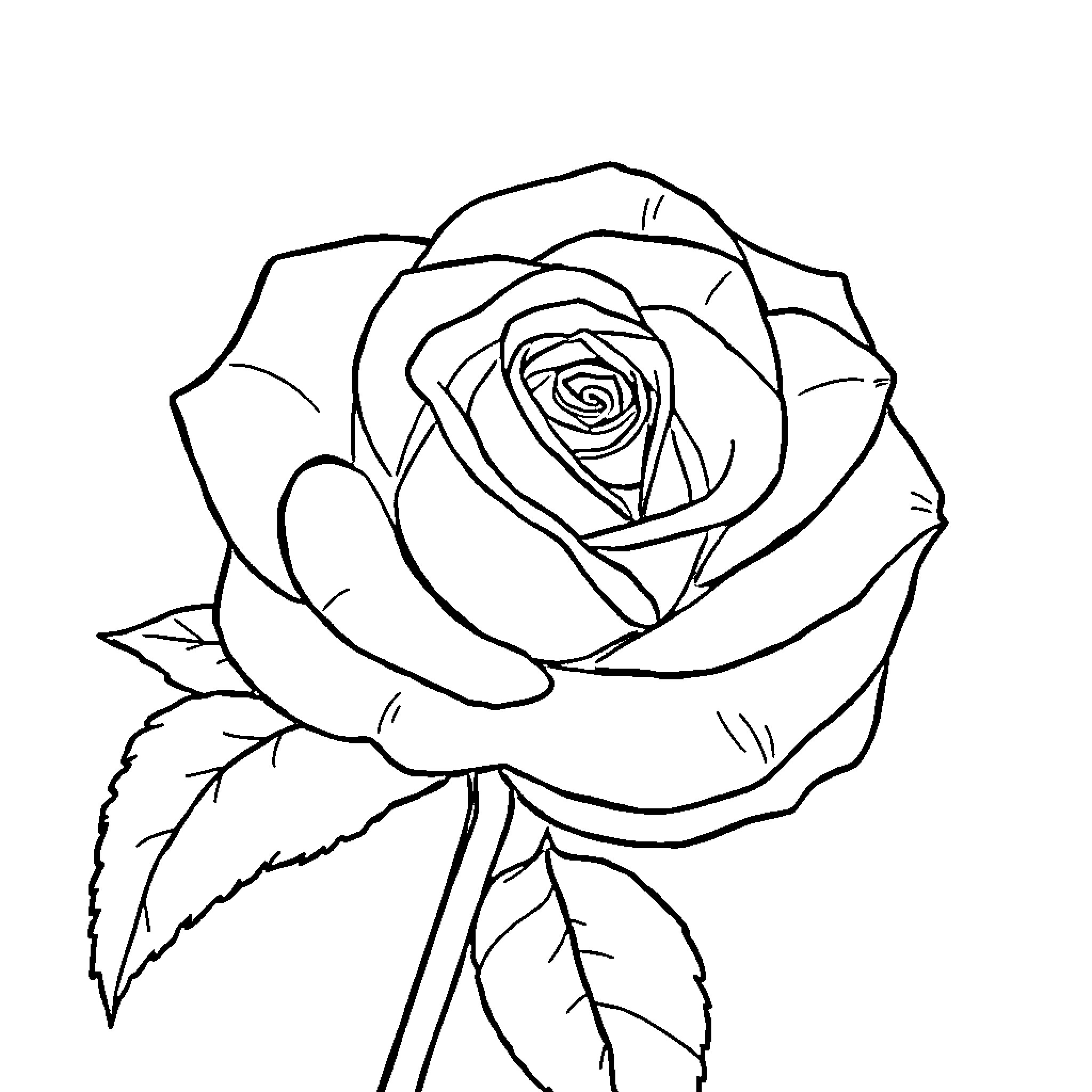 Rose with detailed petals and leaves Coloring Page (free black-and-white line drawing printable PDF for all, from beginners to advanced learners, including children, teens, adults, and seniors)
