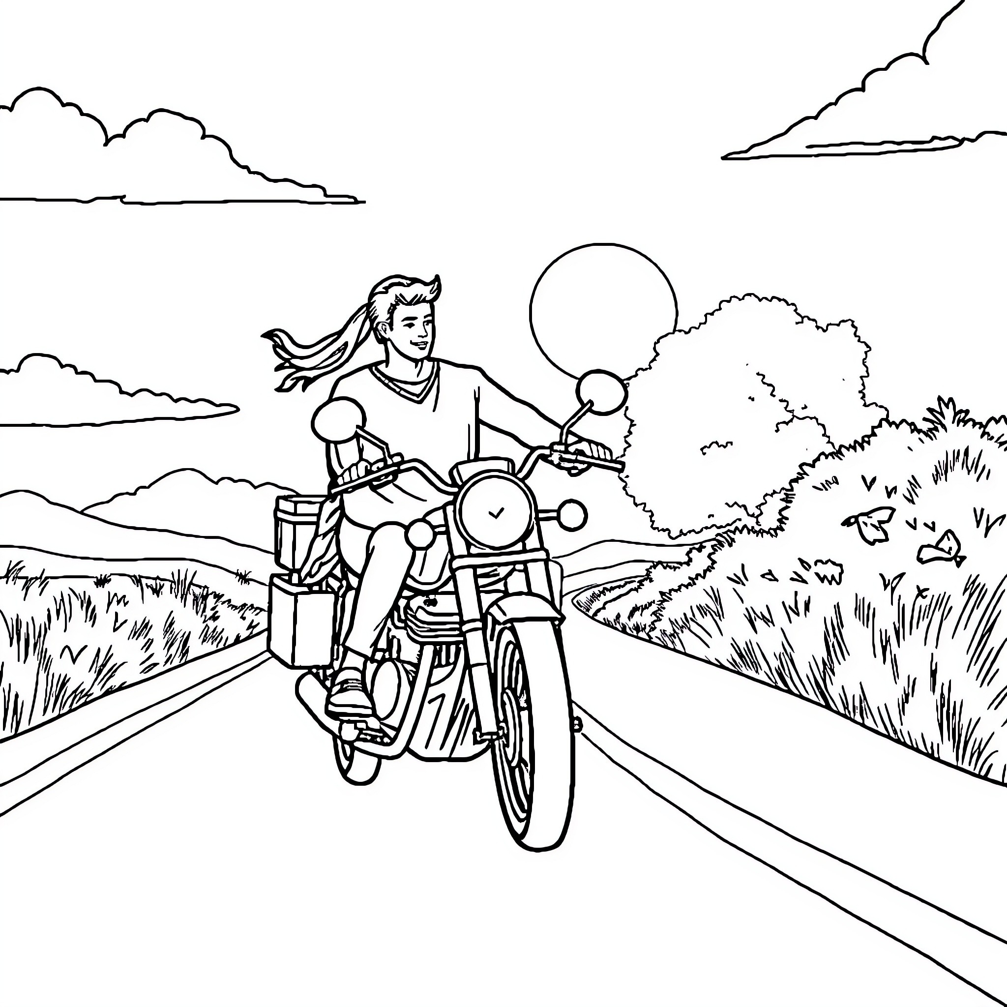 Moto rider cruising down the open road Coloring Page (free black-and-white line drawing printable PDF for all, from beginners to advanced learners, including children, teens, adults, and seniors)