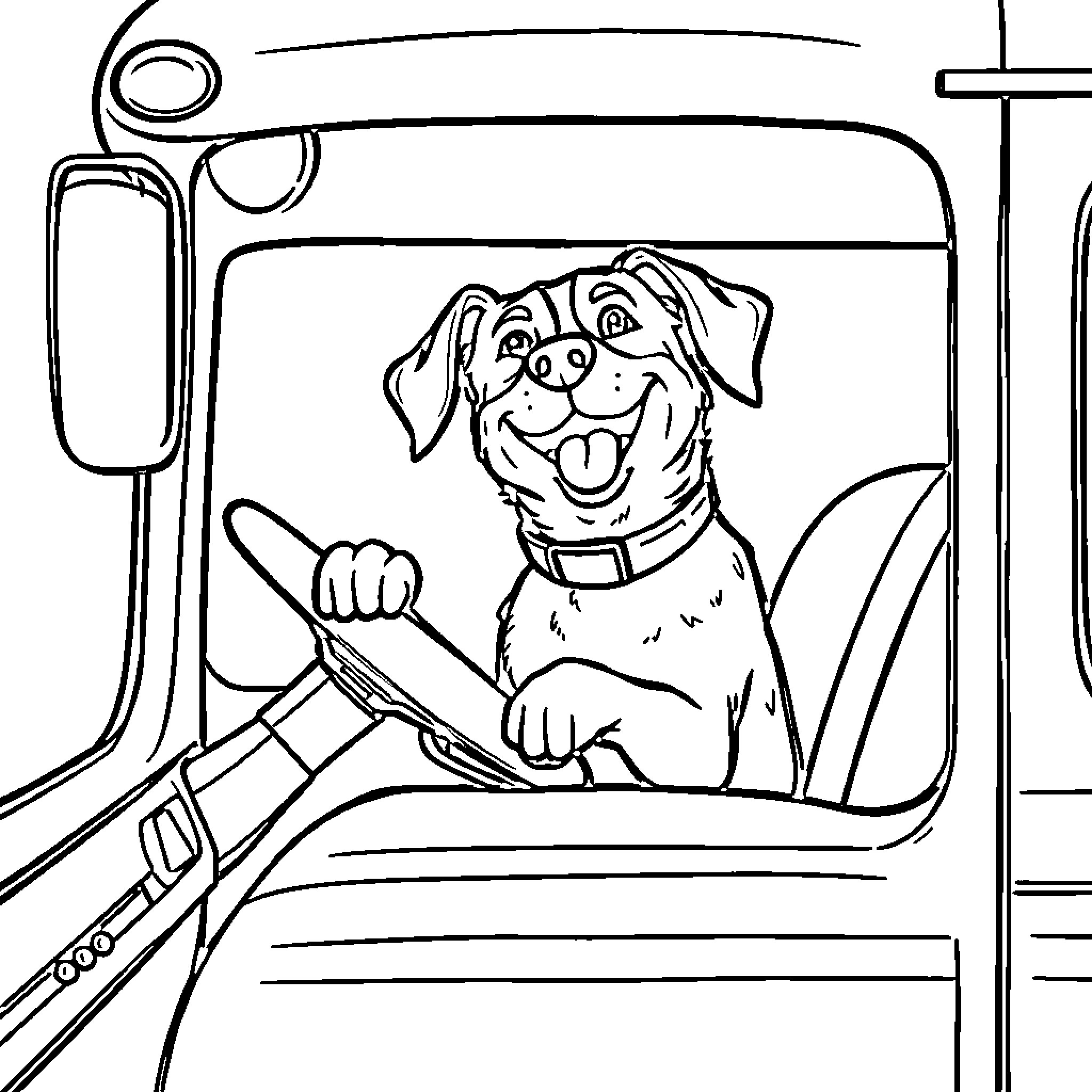 Dog driving a car happily Coloring Page (free black-and-white line drawing printable PDF for all, from beginners to advanced learners, including children, teens, adults, and seniors)