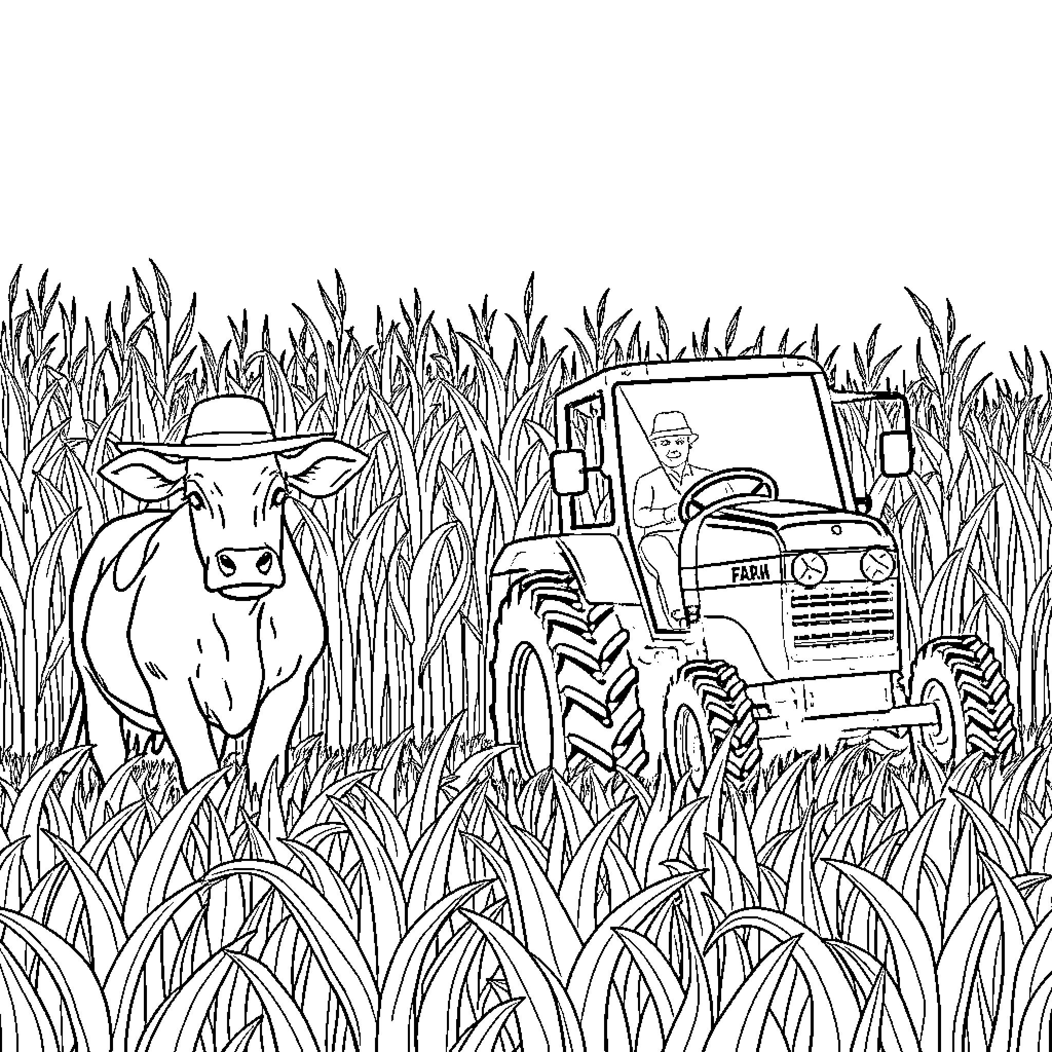 Cow surrounded by a tractor in a crop field Coloring Page (free black-and-white line drawing printable PDF for all, from beginners to advanced learners, including children, teens, adults, and seniors)