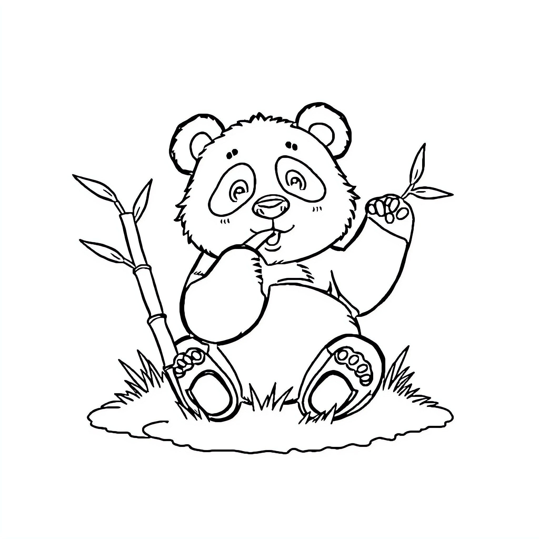 Panda enjoying bamboo in the meadow Coloring Page (free black-and-white line drawing printable PDF for all, from beginners to advanced learners, including children, teens, adults, and seniors)