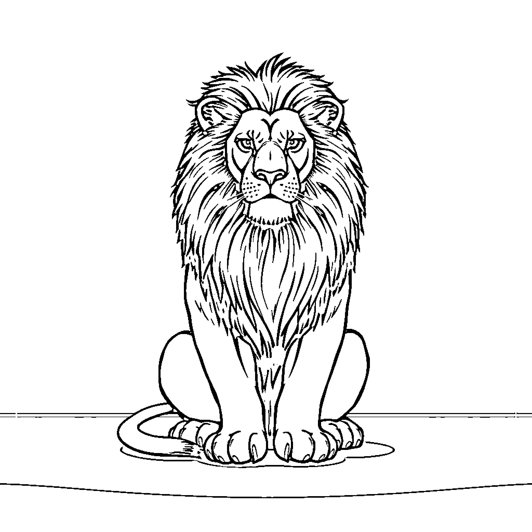 Lion with Fierce Expression on Concrete Ground Coloring Page (free black-and-white line drawing printable PDF for all, from beginners to advanced learners, including children, teens, adults, and seniors)