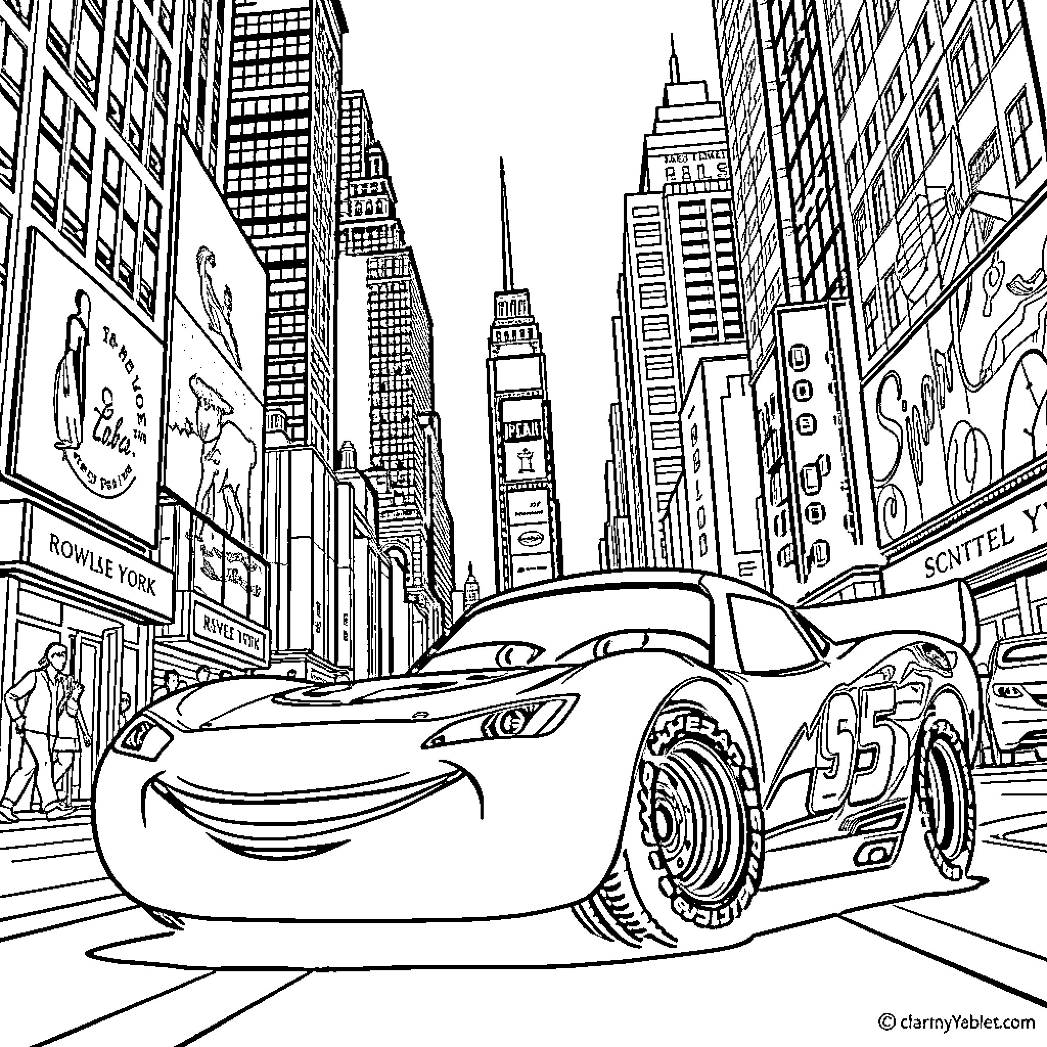 Rayo McQueen exploring the bustling city streets Coloring Page (free black-and-white line drawing printable PDF for all, from beginners to advanced learners, including children, teens, adults, and seniors)