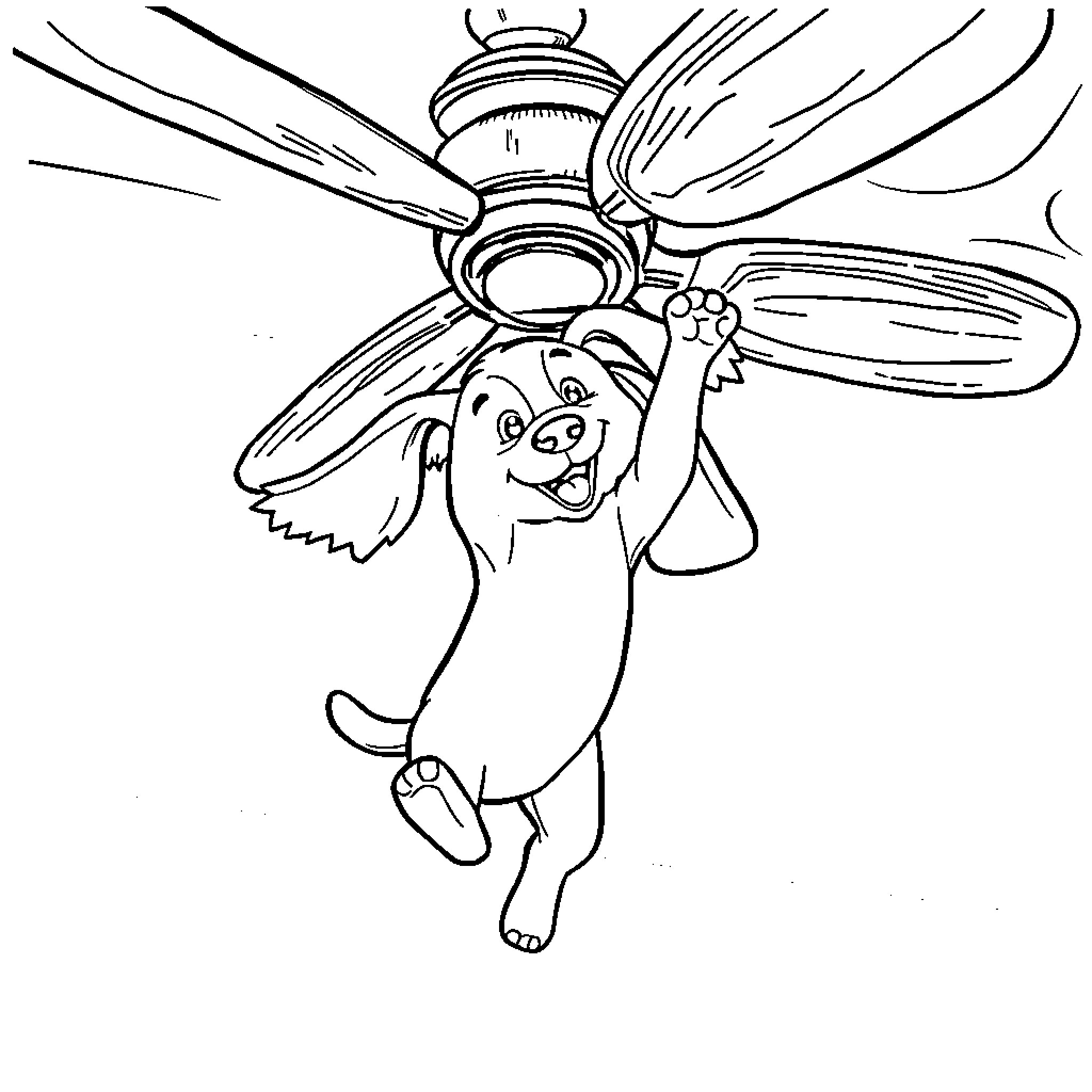 Dog playing with spinning fan Coloring Page (free black-and-white line drawing printable PDF for all, from beginners to advanced learners, including children, teens, adults, and seniors)
