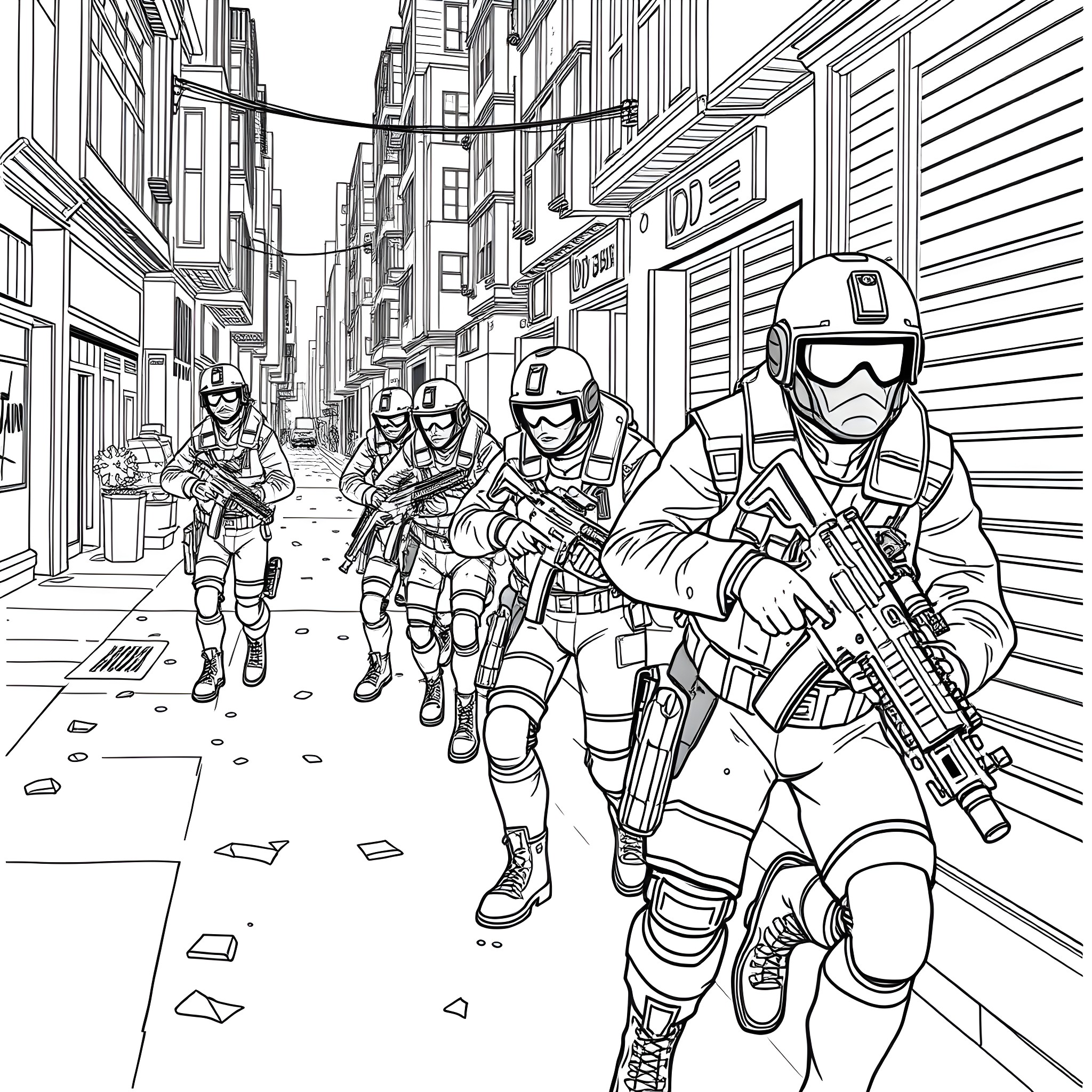Rainbow Six Siege: Tactical Team Maneuver in the City Coloring Page (free black-and-white line drawing printable PDF for all, from beginners to advanced learners, including children, teens, adults, and seniors)