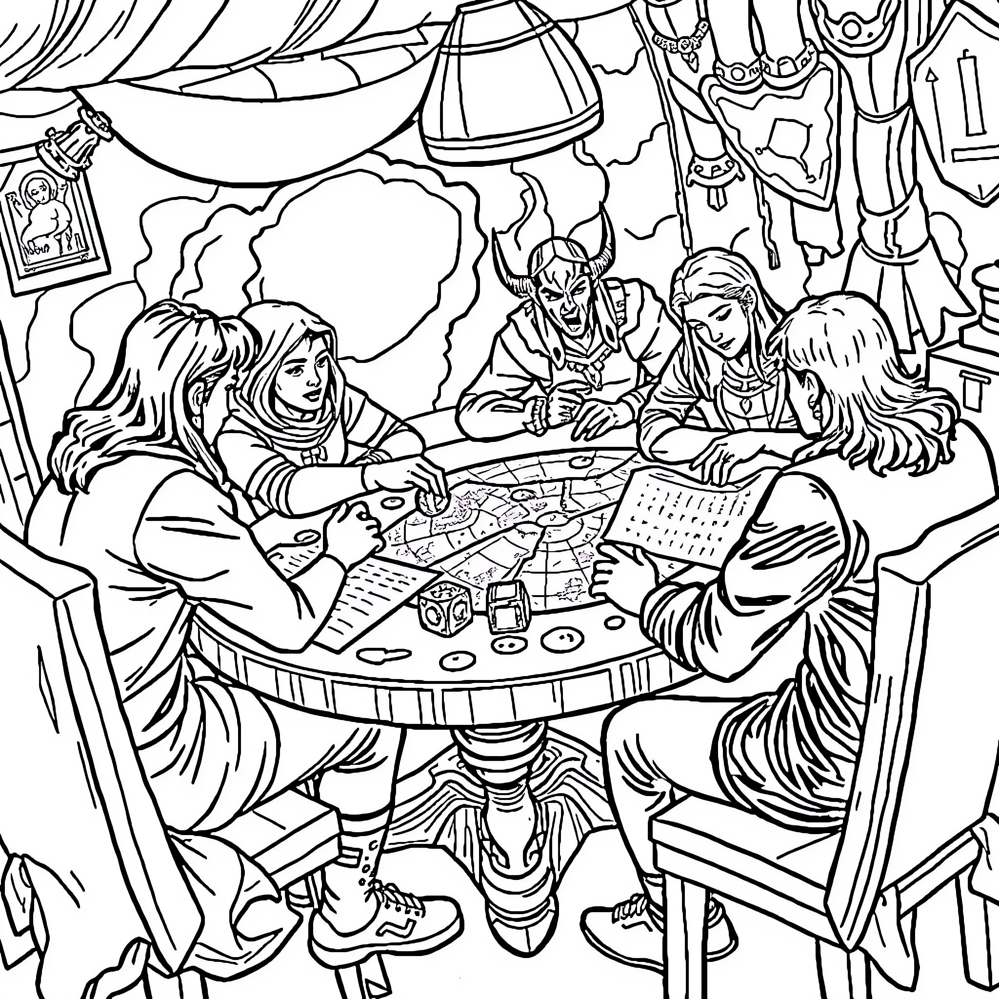 Dungeons and Dragons Group Playing a Game Coloring Page (free black-and-white line drawing printable PDF for all, from beginners to advanced learners, including children, teens, adults, and seniors)