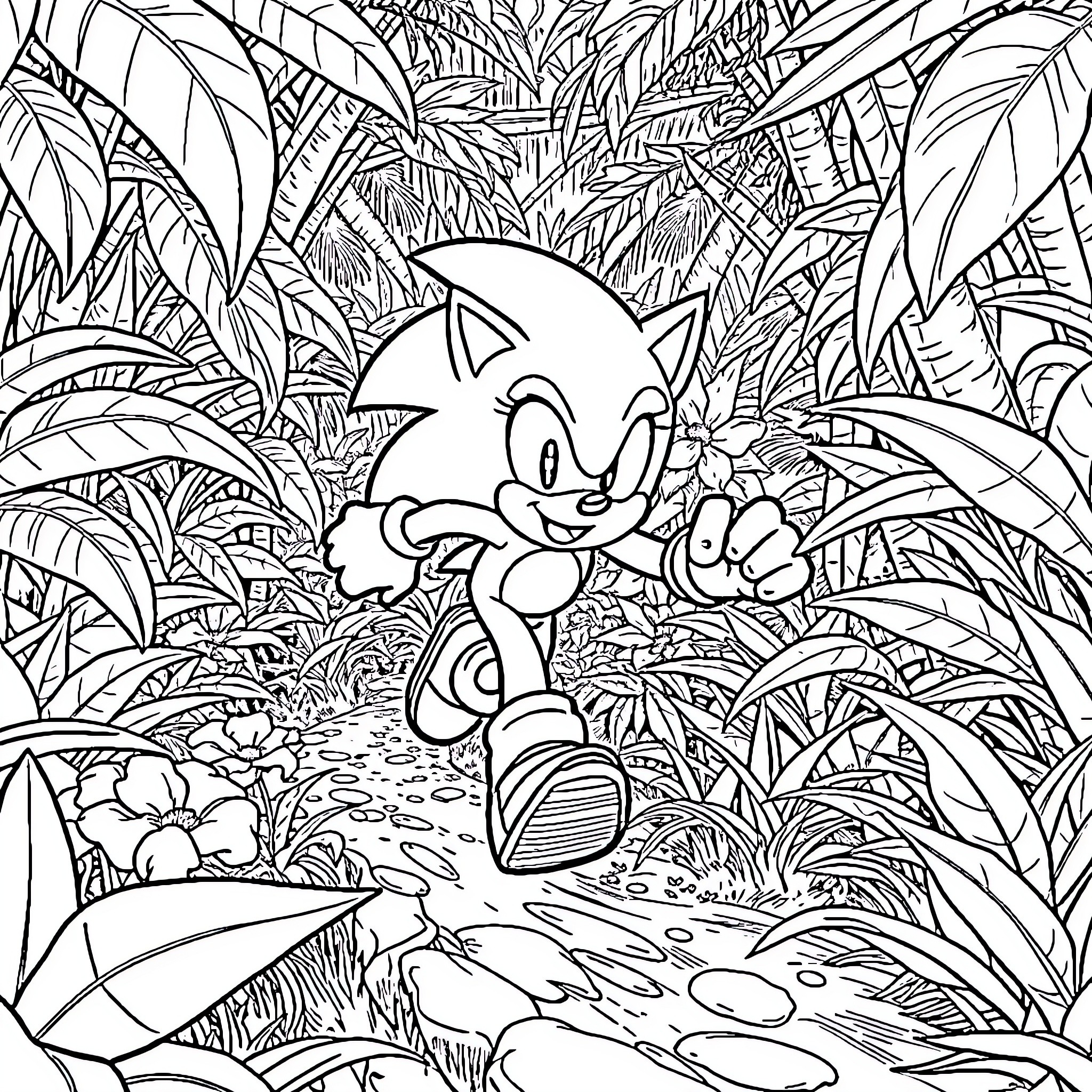 Sonic Exploring the Lush Jungle Landscape Coloring Page (free black-and-white line drawing printable PDF for all, from beginners to advanced learners, including children, teens, adults, and seniors)