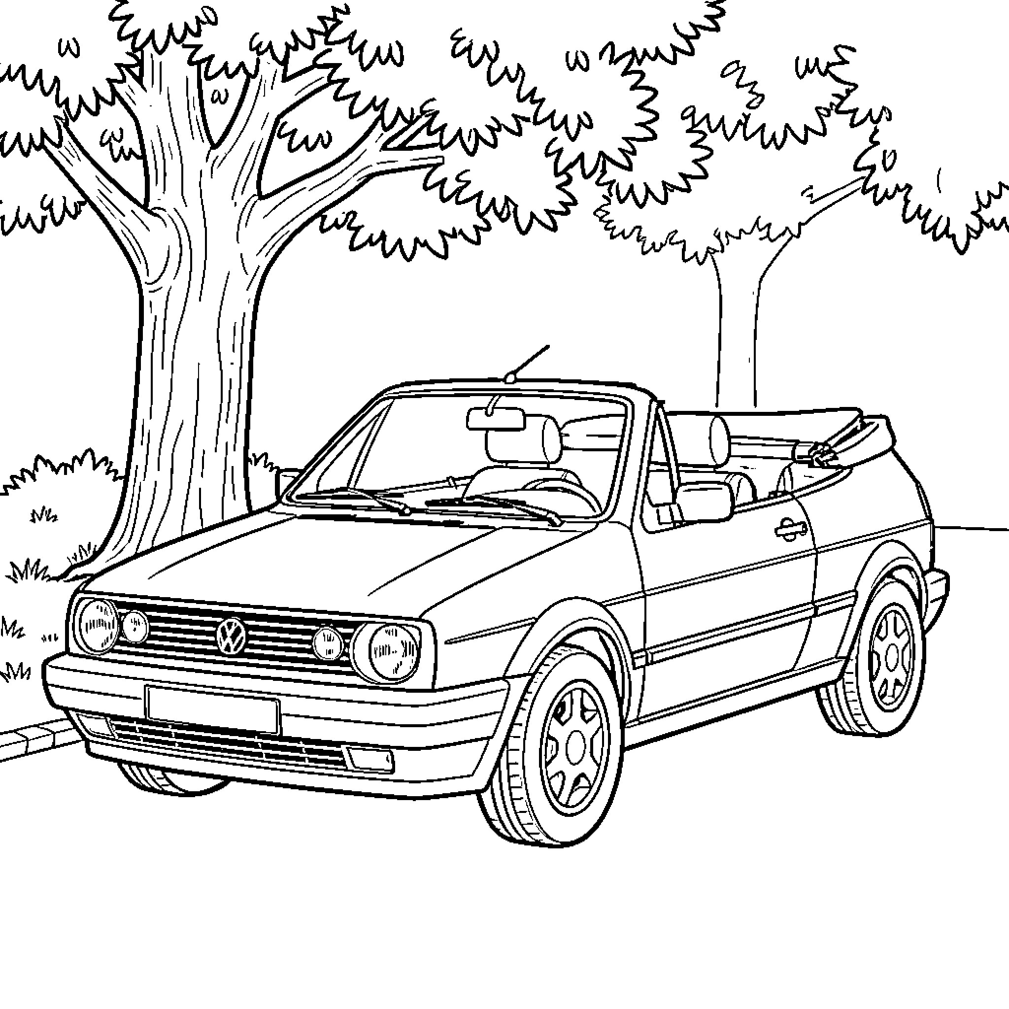 Volkswagen Golf parked under large leafy trees Coloring Page (free black-and-white line drawing printable PDF for all, from beginners to advanced learners, including children, teens, adults, and seniors)