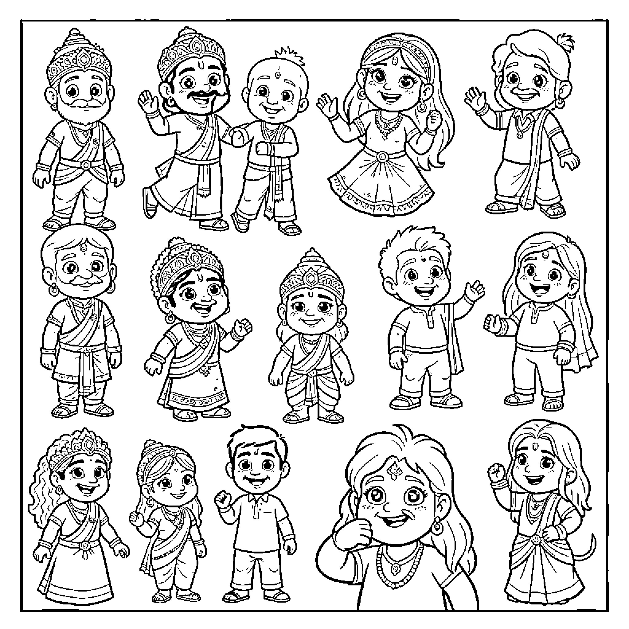 Indian Cartoon characters celebrating in traditional festive attire Coloring Page (free black-and-white line drawing printable PDF for all, from beginners to advanced learners, including children, teens, adults, and seniors)