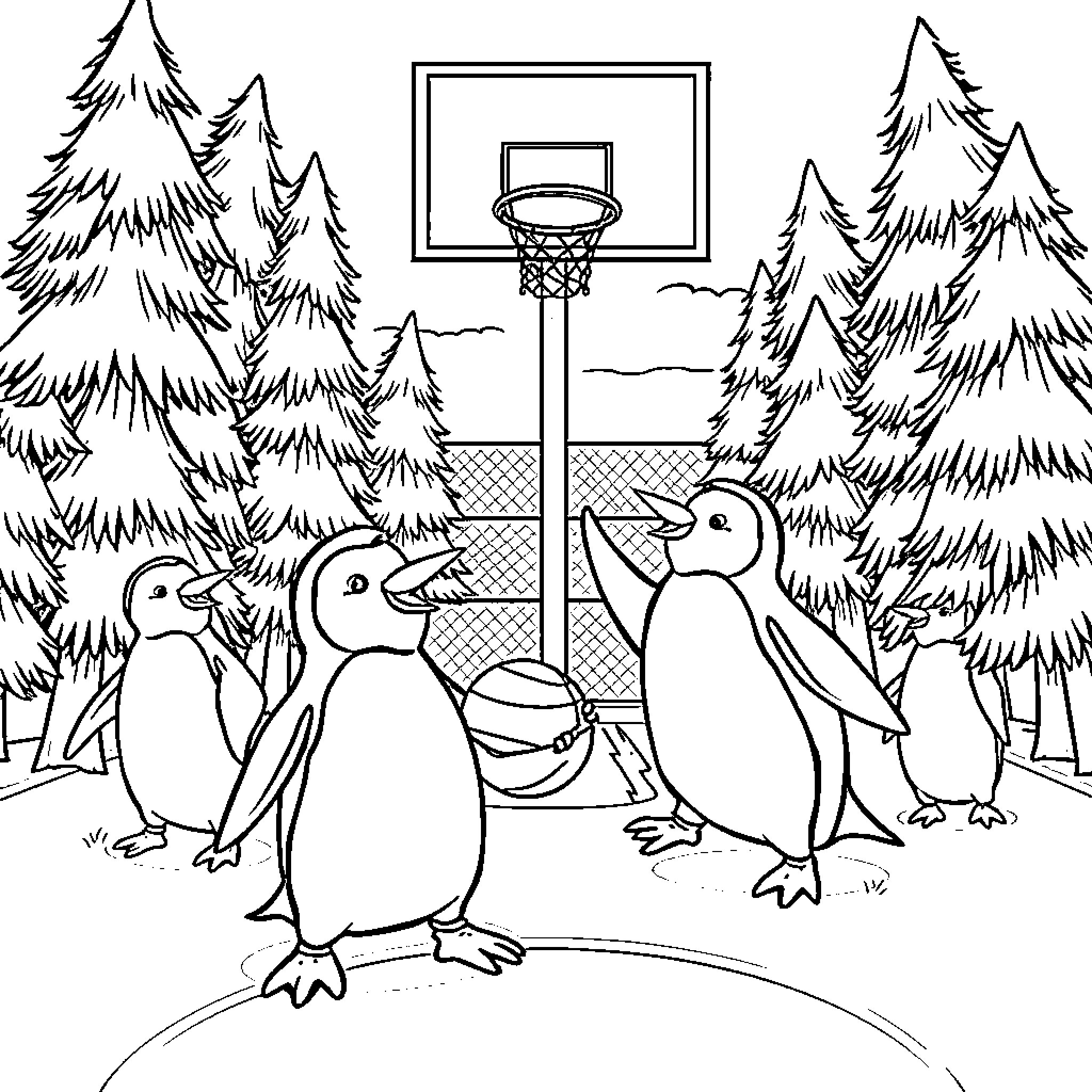 Penguins playing basketball in snowy forest Coloring Page (free black-and-white line drawing printable PDF for all, from beginners to advanced learners, including children, teens, adults, and seniors)