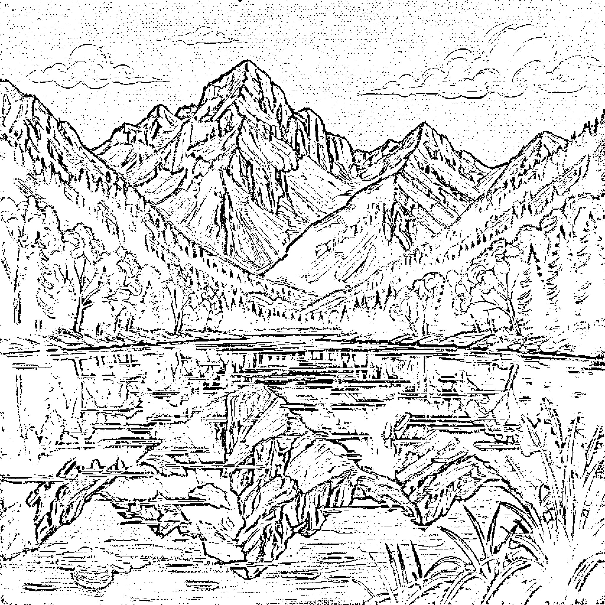 Lake reflecting majestic mountains and surrounding forest Coloring Page (free black-and-white line drawing printable PDF for all, from beginners to advanced learners, including children, teens, adults, and seniors)