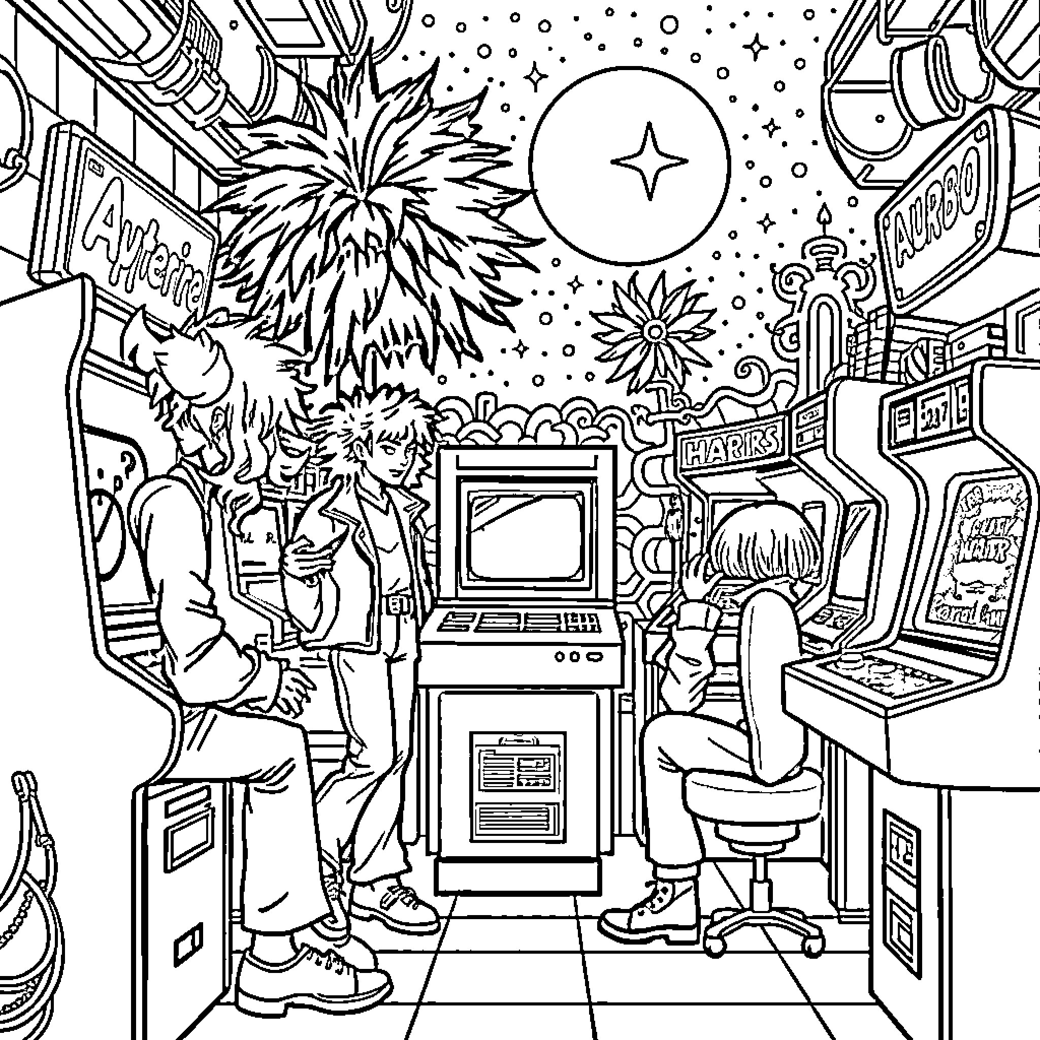 1980s Arcade Gaming Gathering with Friends Coloring Page (free black-and-white line drawing printable PDF for all, from beginners to advanced learners, including children, teens, adults, and seniors)