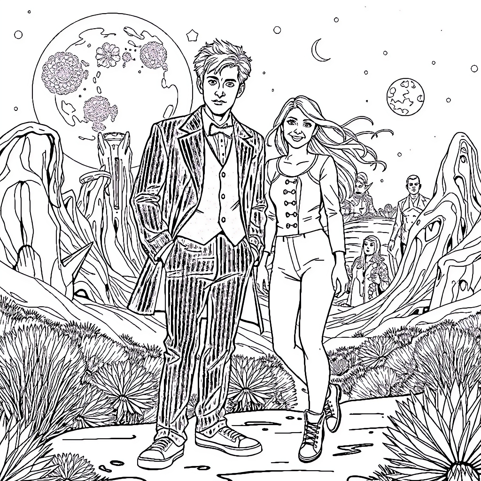 Doctor and Assistant Exploring Otherworldly Landscapes Coloring Page (free black-and-white line drawing printable PDF for all, from beginners to advanced learners, including children, teens, adults, and seniors)