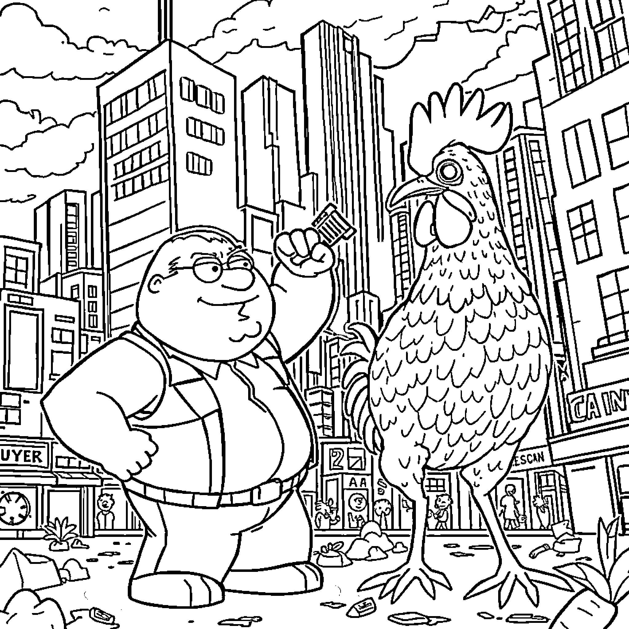 Peter Griffin's Unusual Encounter with a Giant Rooster in the City Coloring Page (free black-and-white line drawing printable PDF for all, from beginners to advanced learners, including children, teens, adults, and seniors)