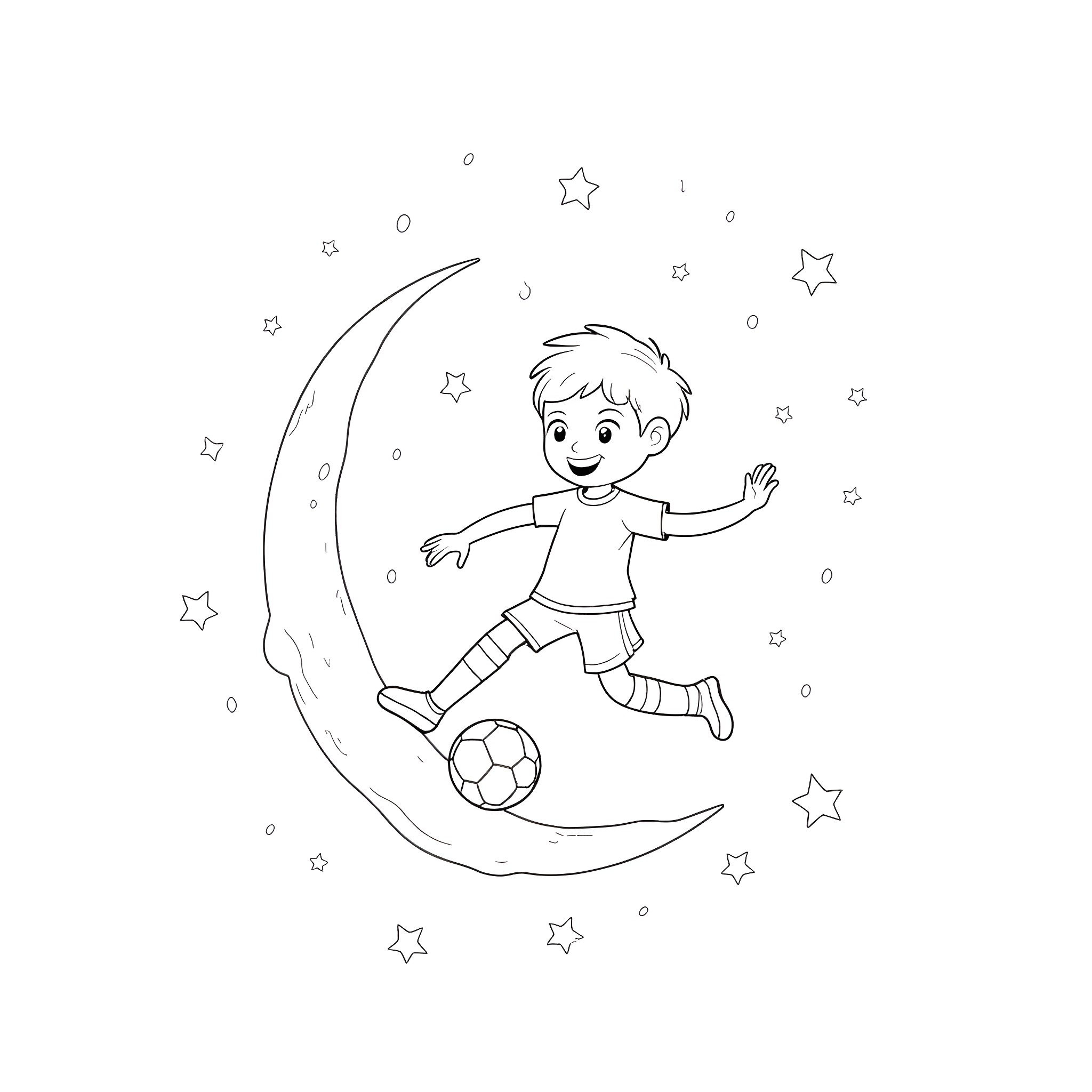 Boy Playing Soccer on the Moon Coloring Page (free black-and-white line drawing printable PDF for all, from beginners to advanced learners, including children, teens, adults, and seniors)