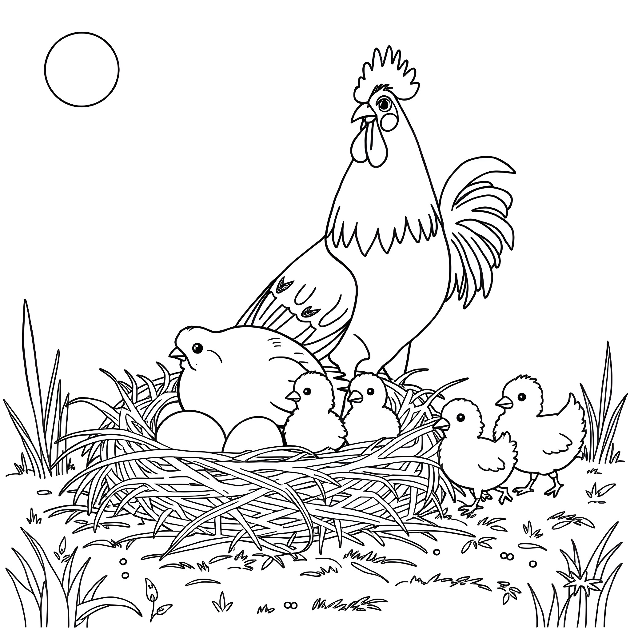 Hen overseeing chicks in their nest Coloring Page (free black-and-white line drawing printable PDF for all, from beginners to advanced learners, including children, teens, adults, and seniors)