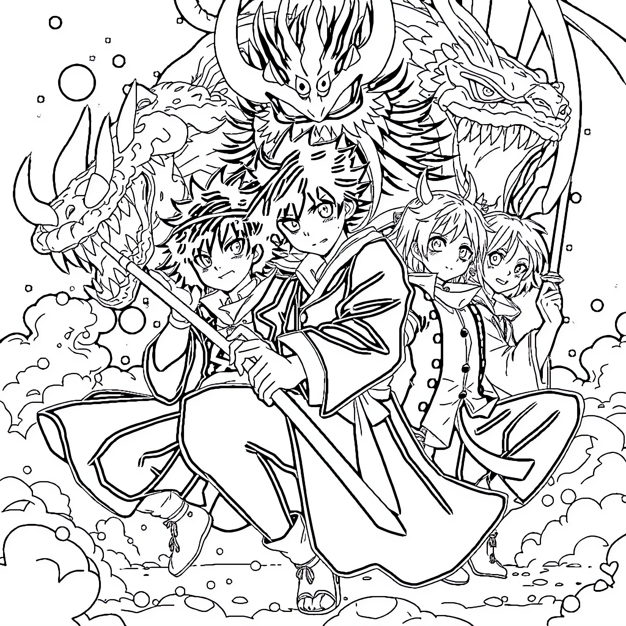 Kimetsu no Yaiba: Protagonist and companions in heroic action Coloring Page (free black-and-white line drawing printable PDF for all, from beginners to advanced learners, including children, teens, adults, and seniors)