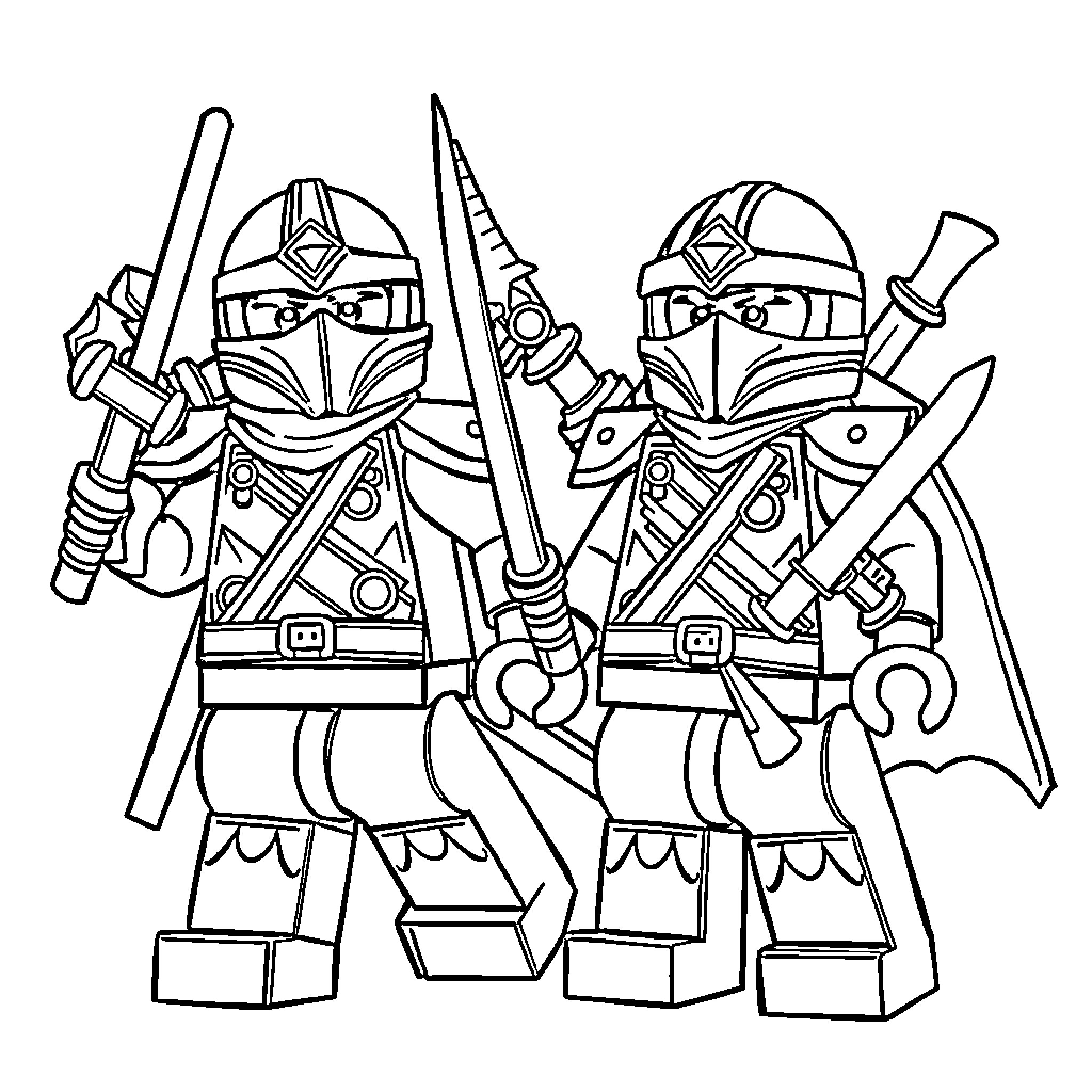 Robot warriors wielding swords and shields Coloring Page (free black-and-white line drawing printable PDF for all, from beginners to advanced learners, including children, teens, adults, and seniors)