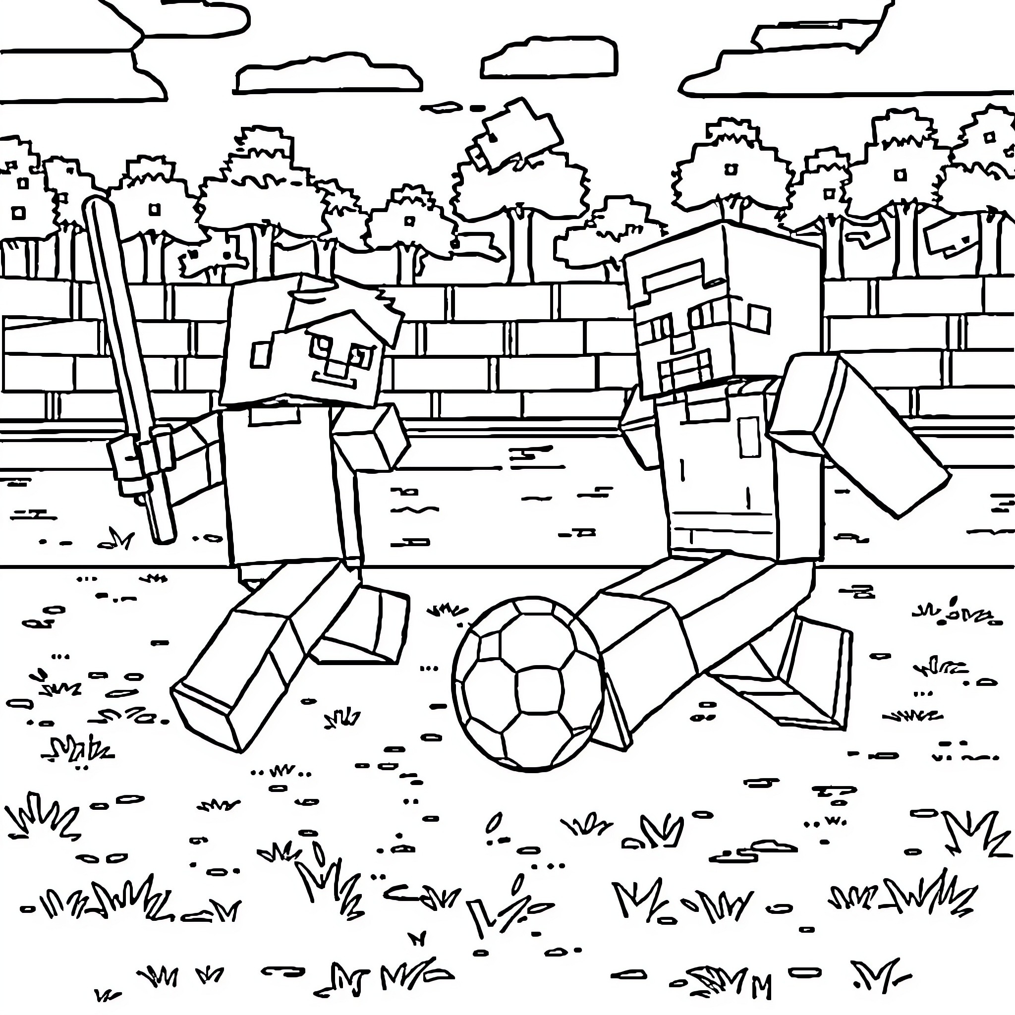 Minecraft characters playing soccer in a park Coloring Page (free black-and-white line drawing printable PDF for all, from beginners to advanced learners, including children, teens, adults, and seniors)