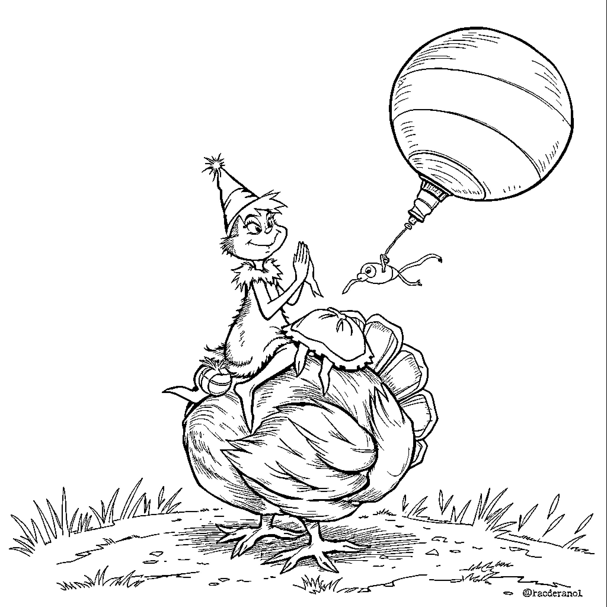 Grinch celebrating with a turkey Coloring Page (free black-and-white line drawing printable PDF for all, from beginners to advanced learners, including children, teens, adults, and seniors)