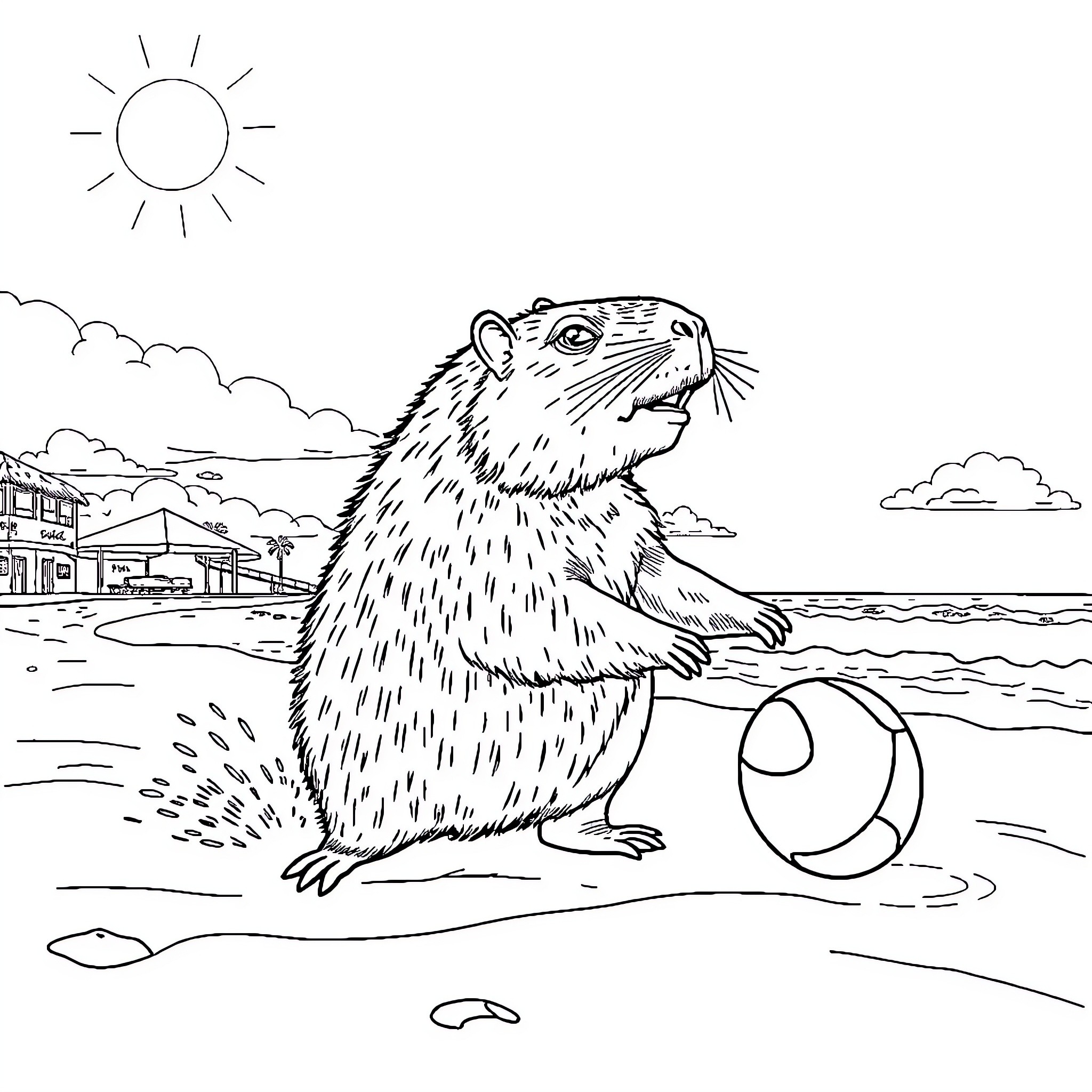 Capybara playing with ball on the beach Coloring Page (free black-and-white line drawing printable PDF for all, from beginners to advanced learners, including children, teens, adults, and seniors)