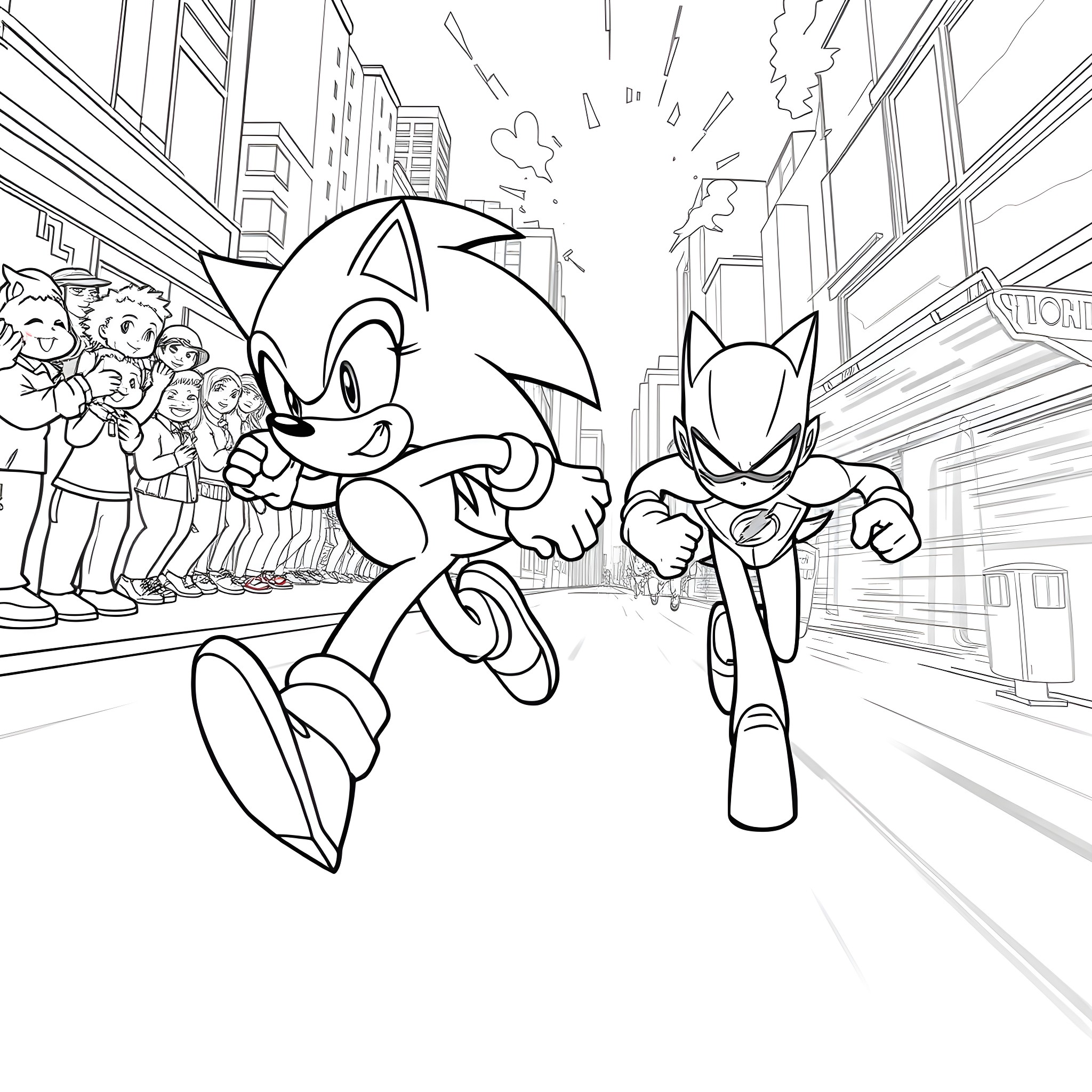 Sonic and friends racing through the city Coloring Page (free black-and-white line drawing printable PDF for all, from beginners to advanced learners, including children, teens, adults, and seniors)