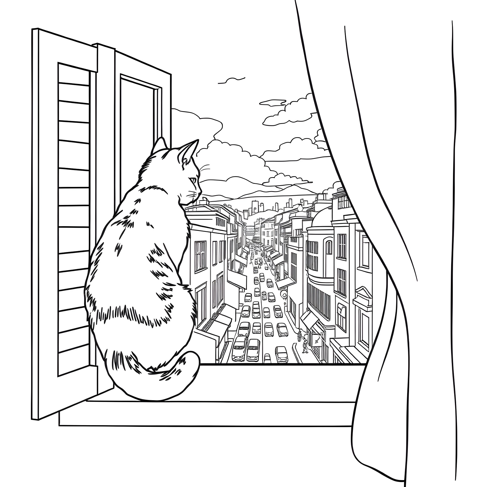 Cat observing the city from a window Coloring Page (free black-and-white line drawing printable PDF for all, from beginners to advanced learners, including children, teens, adults, and seniors)