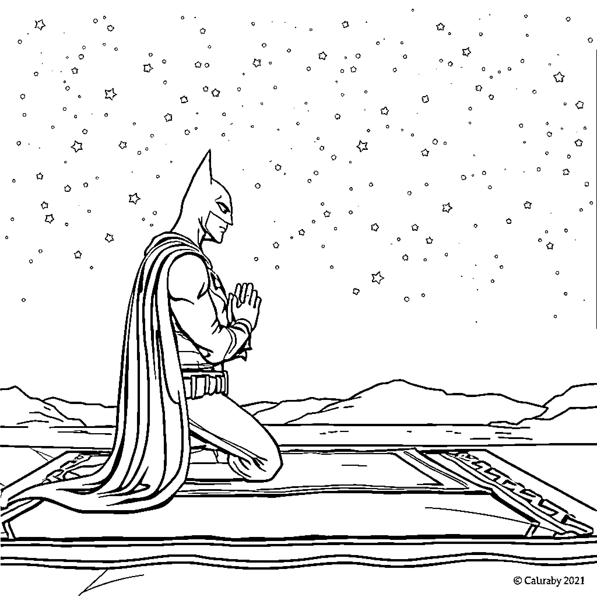 Batman praying under the starry night sky Coloring Page (free black-and-white line drawing printable PDF for all, from beginners to advanced learners, including children, teens, adults, and seniors)