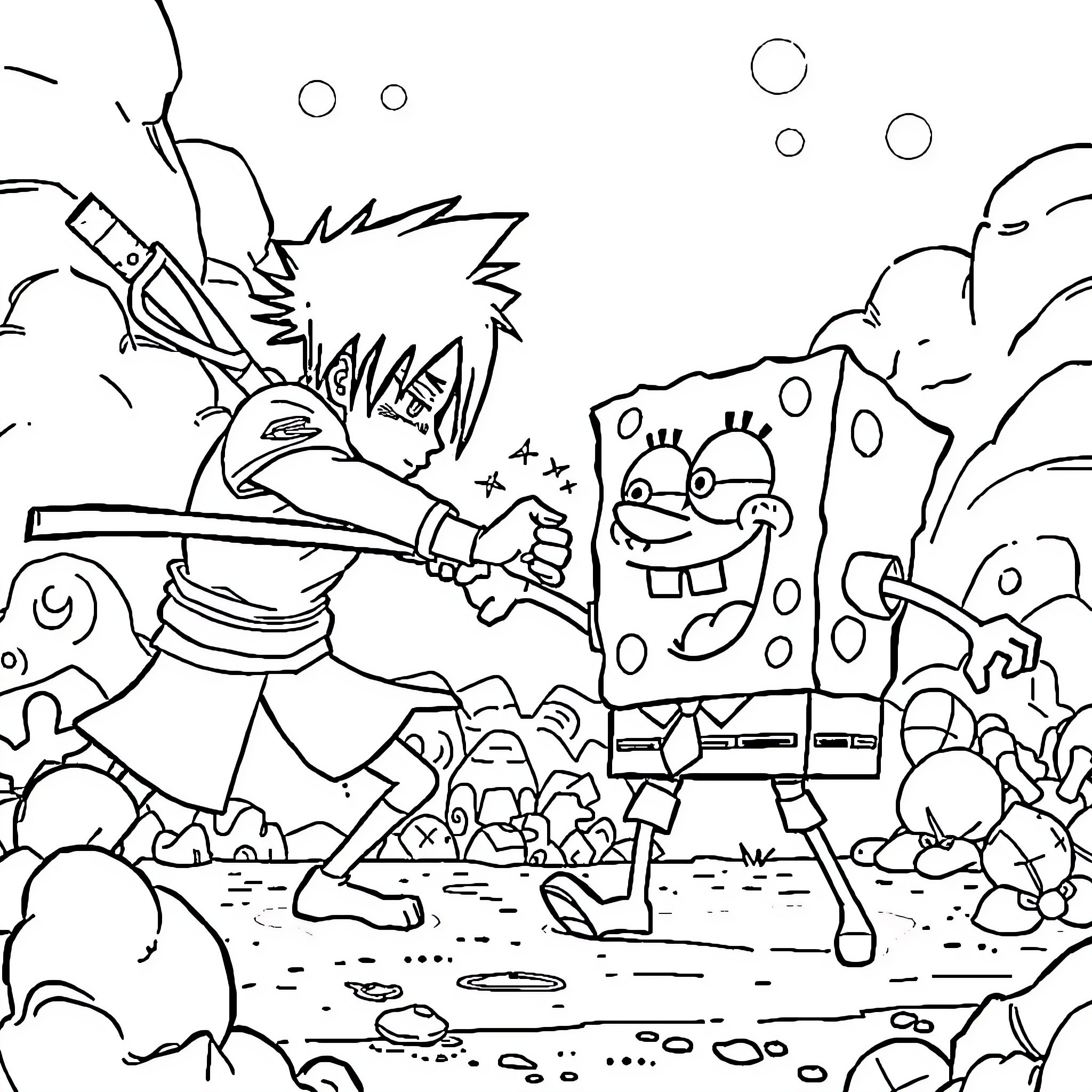 Spongebob and friends in a whimsical underwater scene Coloring Page (free black-and-white line drawing printable PDF for all, from beginners to advanced learners, including children, teens, adults, and seniors)