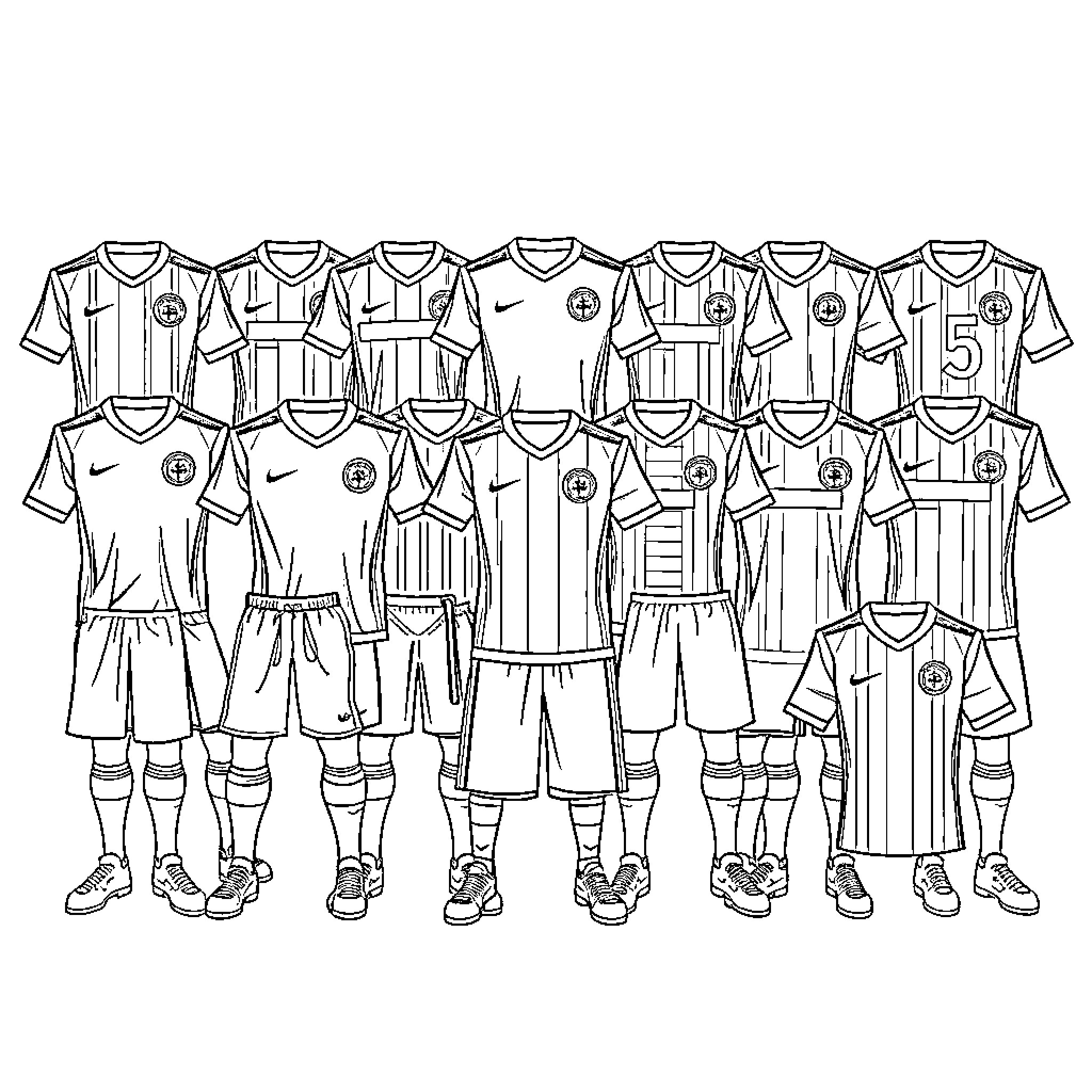 Football Kit Uniforms Displayed Coloring Page (free black-and-white line drawing printable PDF for all, from beginners to advanced learners, including children, teens, adults, and seniors)