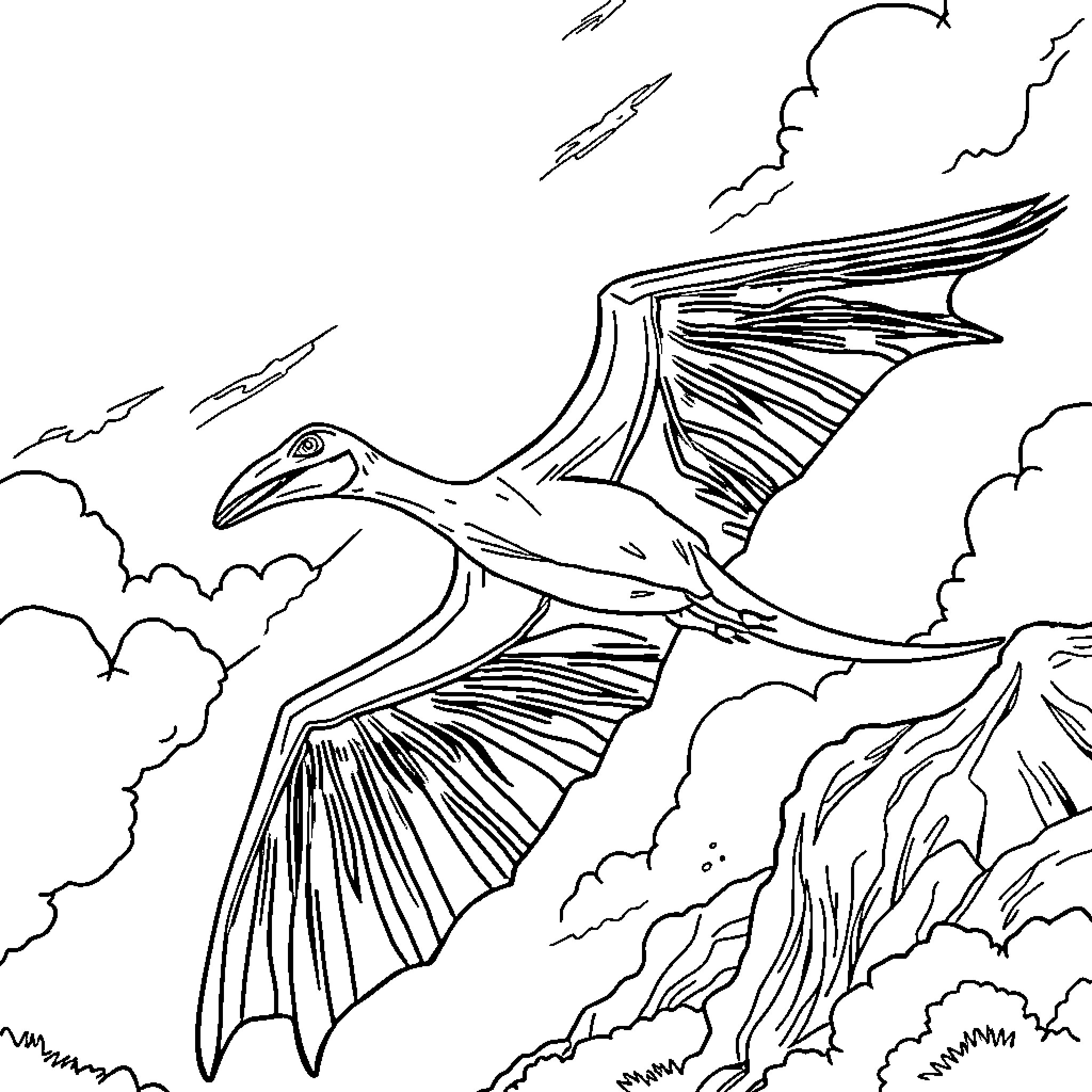 Pterodactyl soaring through the skies Coloring Page (free black-and-white line drawing printable PDF for all, from beginners to advanced learners, including children, teens, adults, and seniors)