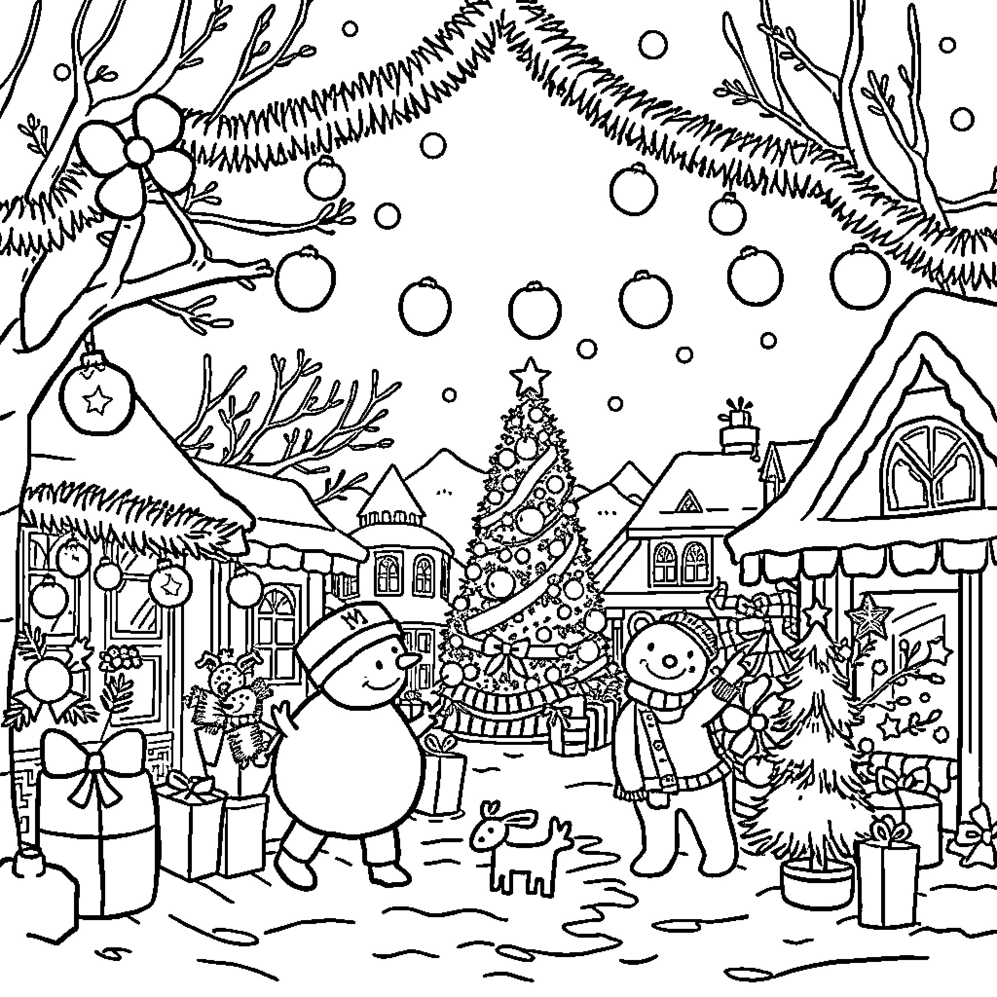 Holiday celebration in a snowy village Coloring Page (free black-and-white line drawing printable PDF for all, from beginners to advanced learners, including children, teens, adults, and seniors)