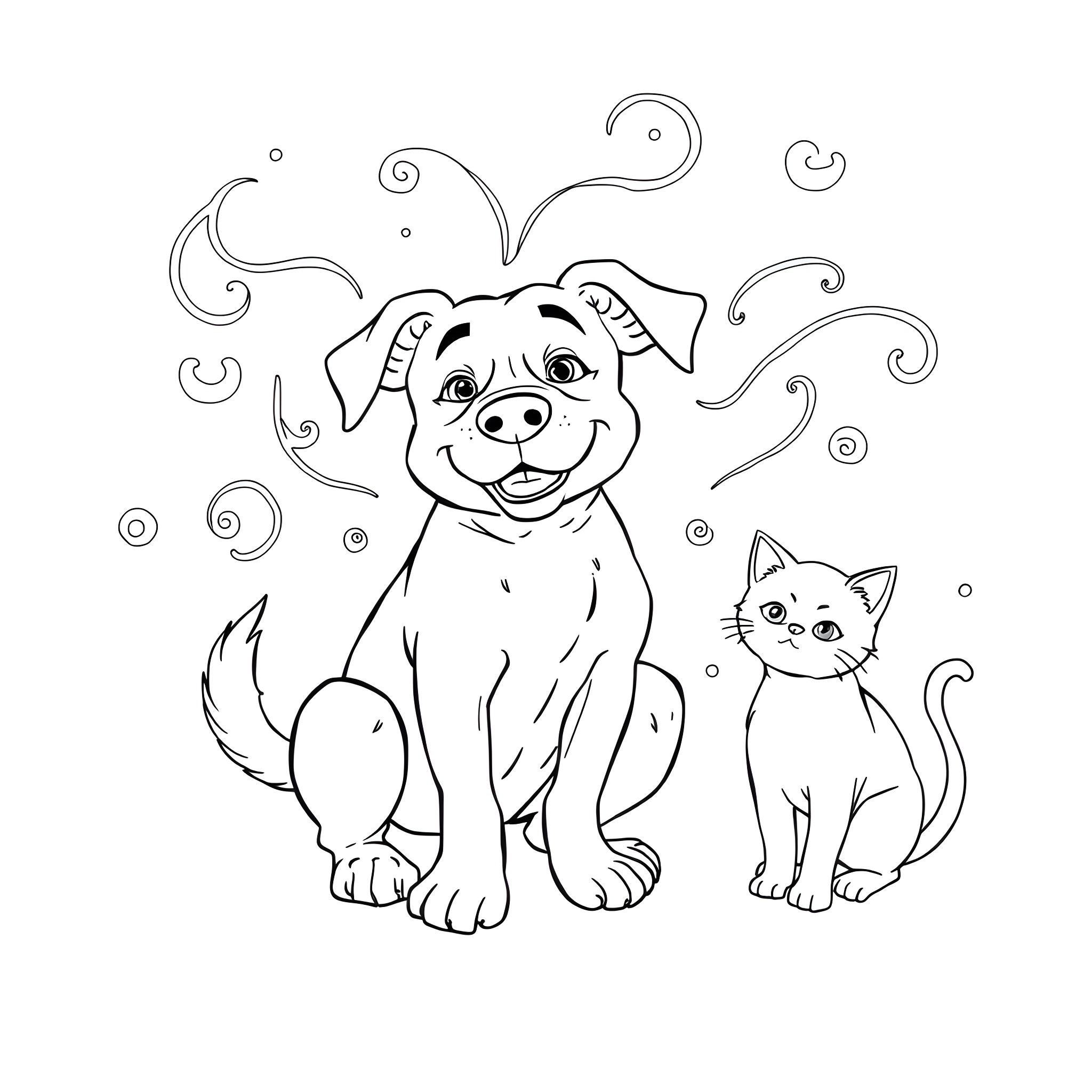 Dog and cat playing together happily Coloring Page (free black-and-white line drawing printable PDF for all, from beginners to advanced learners, including children, teens, adults, and seniors)