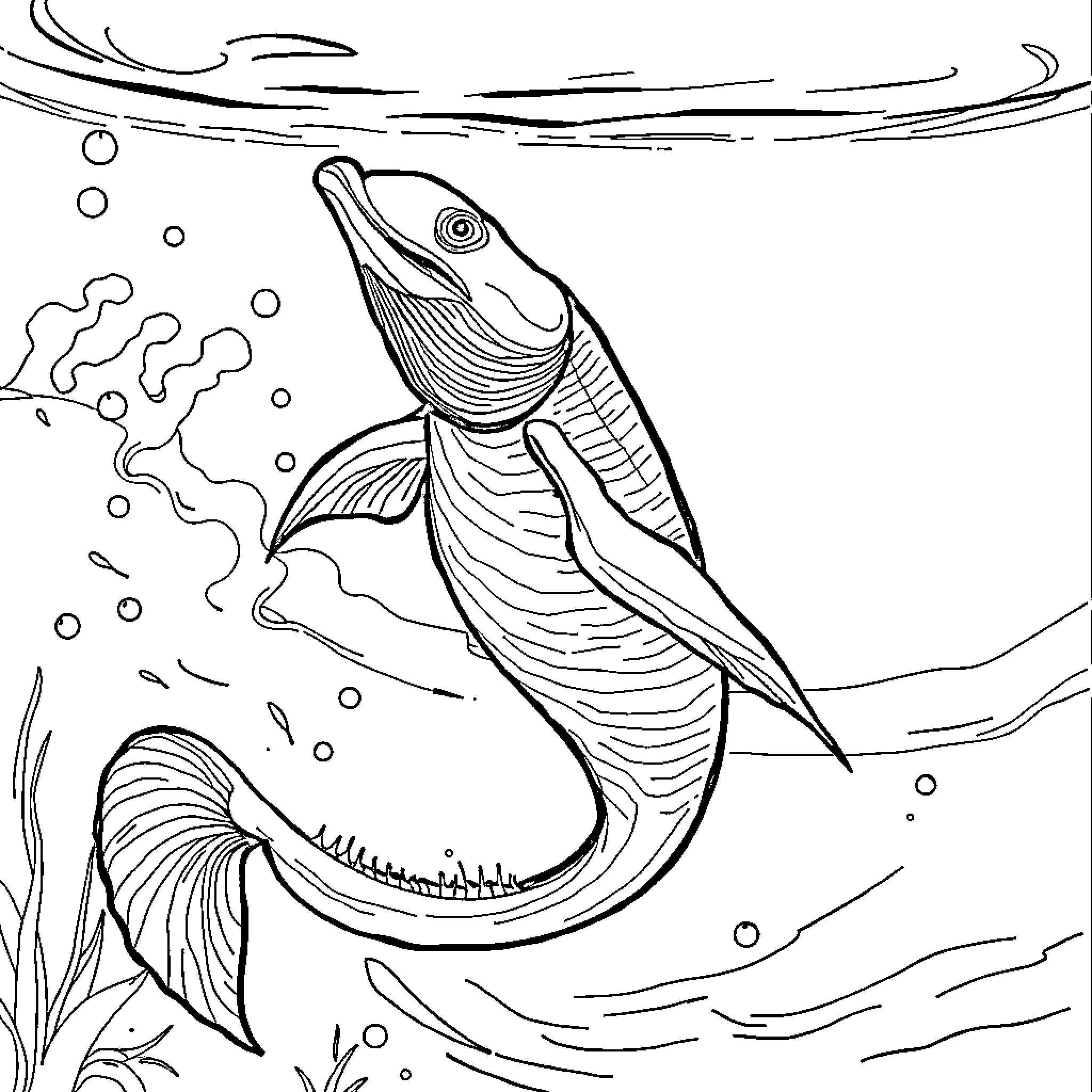 Carp swimming gracefully in the underwater scene Coloring Page (free black-and-white line drawing printable PDF for all, from beginners to advanced learners, including children, teens, adults, and seniors)