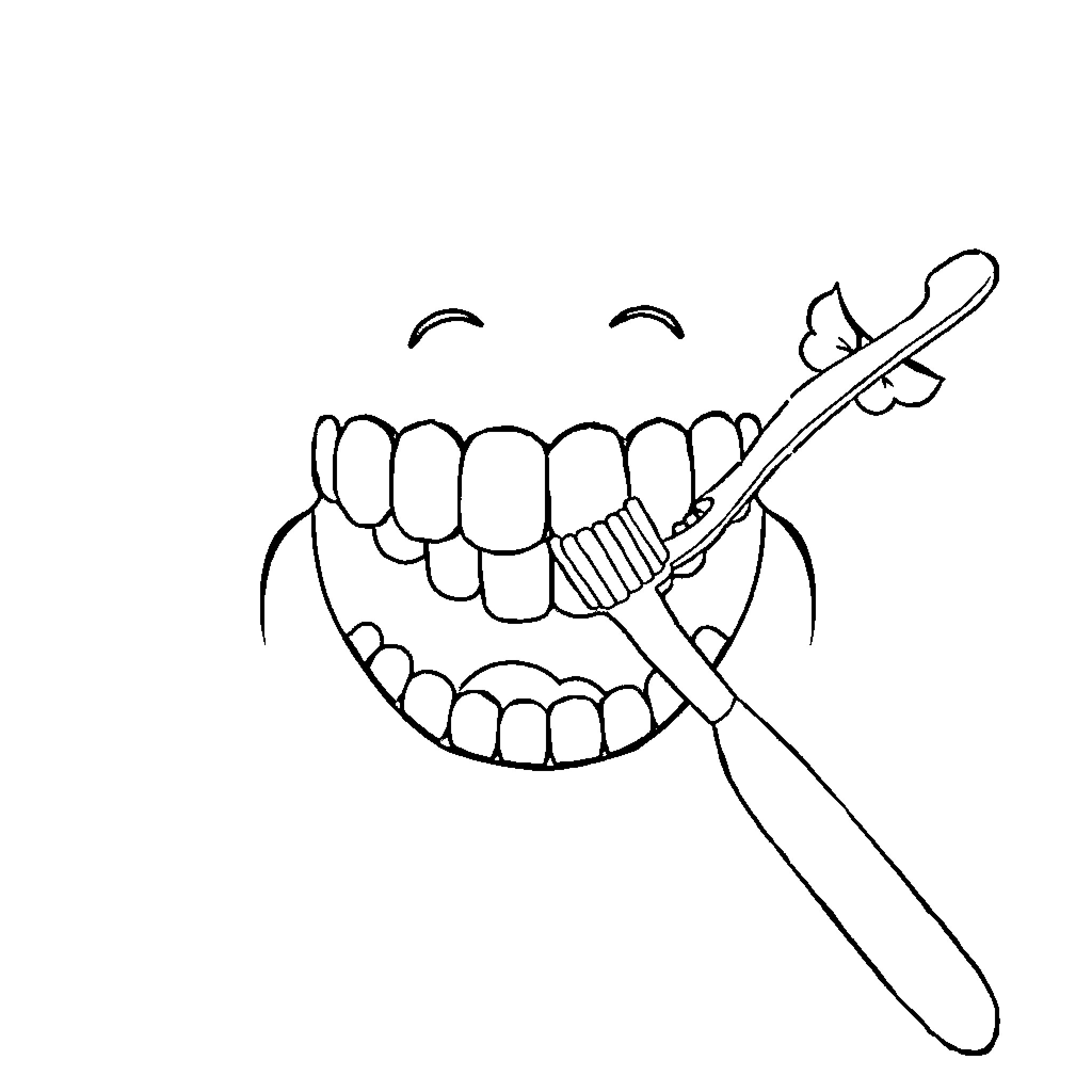Tooth receiving dental care with toothbrush Coloring Page (free black-and-white line drawing printable PDF for all, from beginners to advanced learners, including children, teens, adults, and seniors)