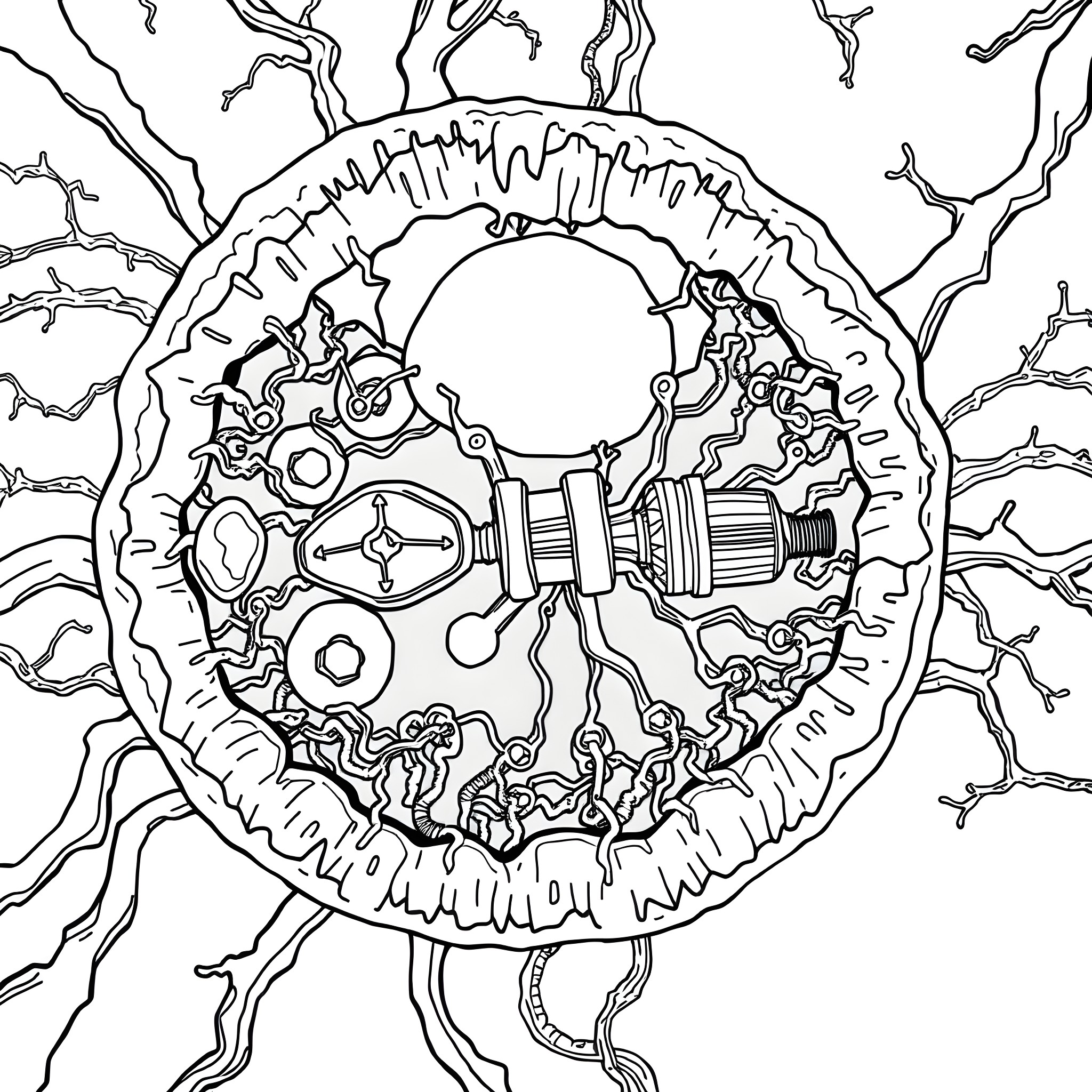 Mitochondria's Mechanical Marvels Coloring Page (free black-and-white line drawing printable PDF for all, from beginners to advanced learners, including children, teens, adults, and seniors)