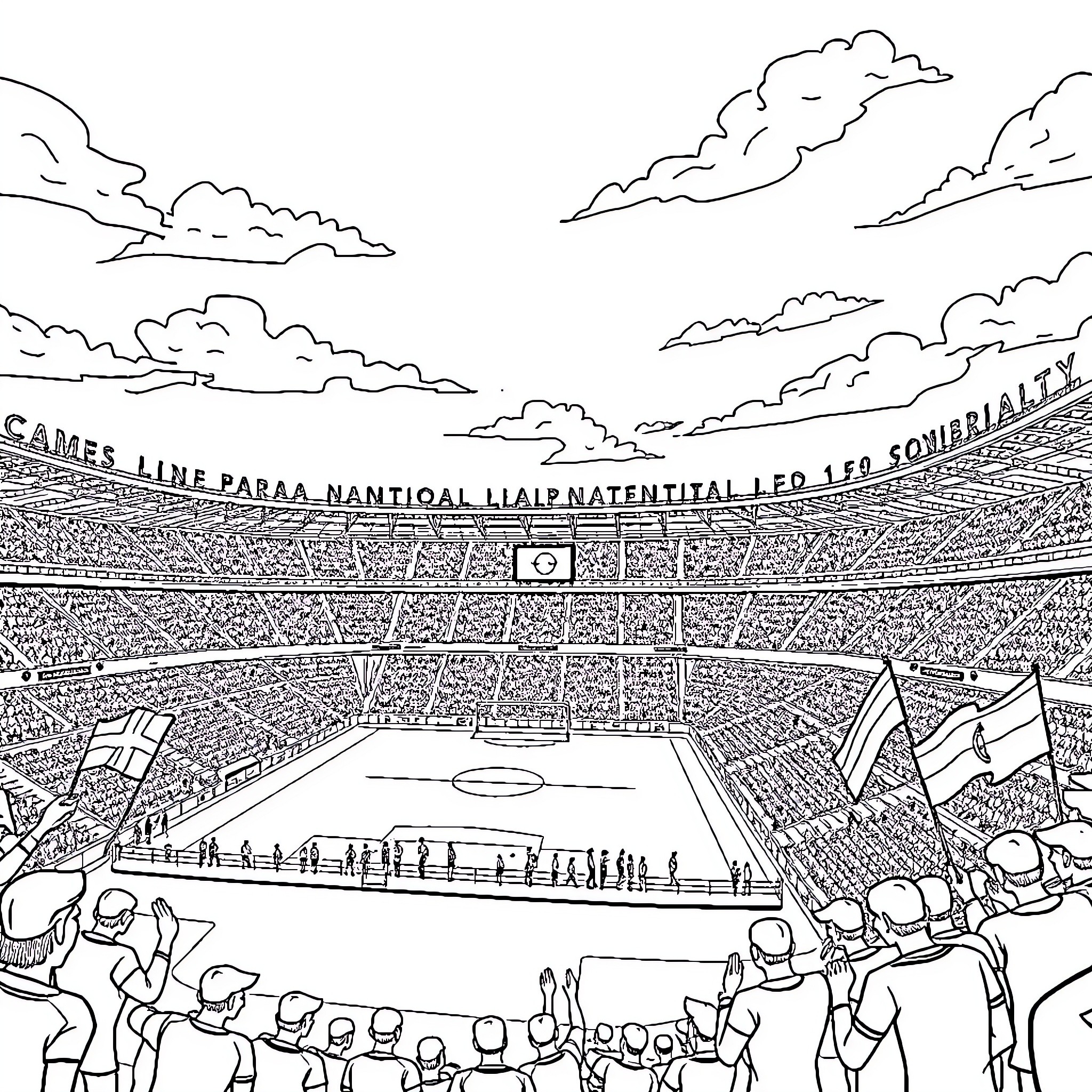 Estadio crowd cheering and waving flags at sports event Coloring Page (free black-and-white line drawing printable PDF for all, from beginners to advanced learners, including children, teens, adults, and seniors)