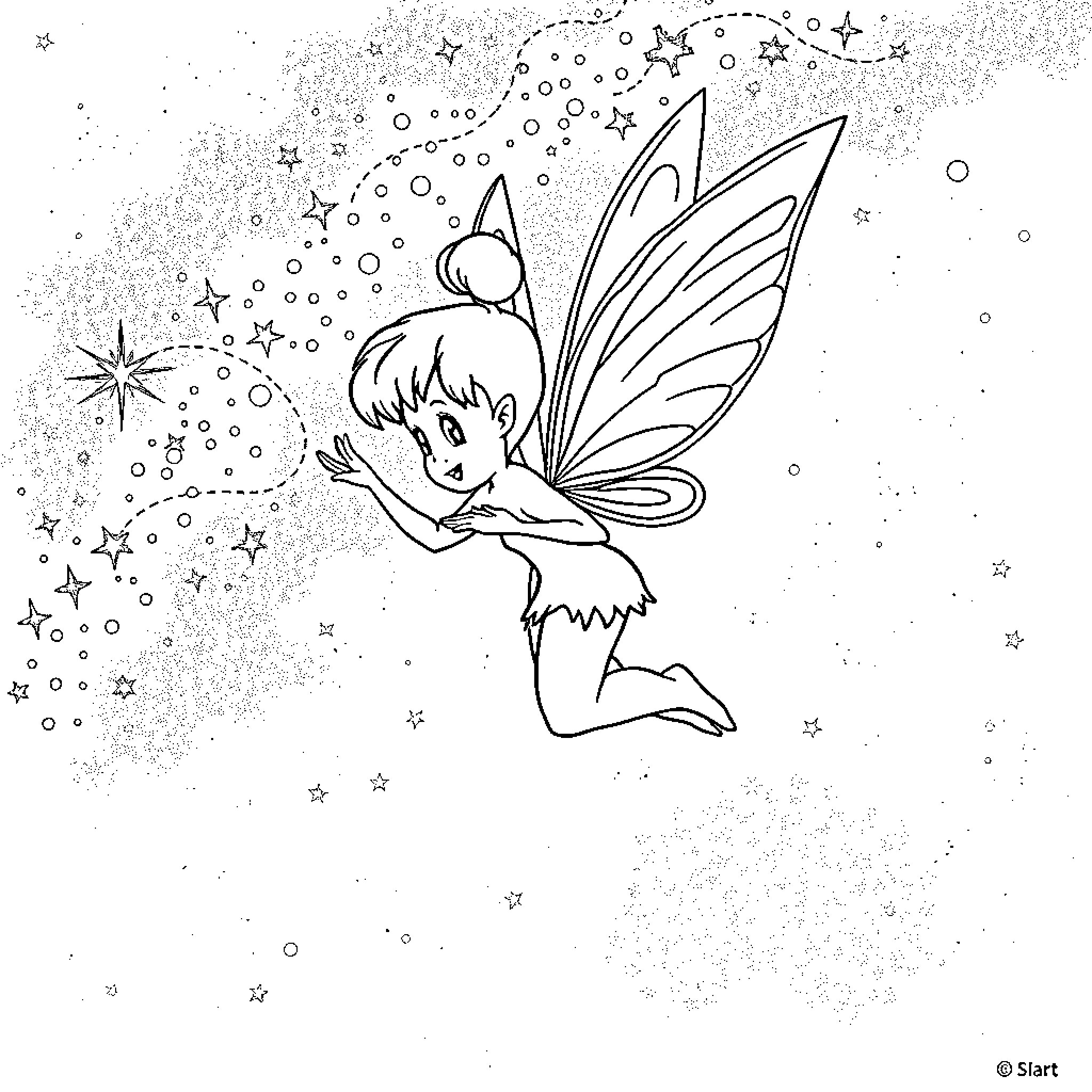 Tinkerbell flying among the stars Coloring Page (free black-and-white line drawing printable PDF for all, from beginners to advanced learners, including children, teens, adults, and seniors)
