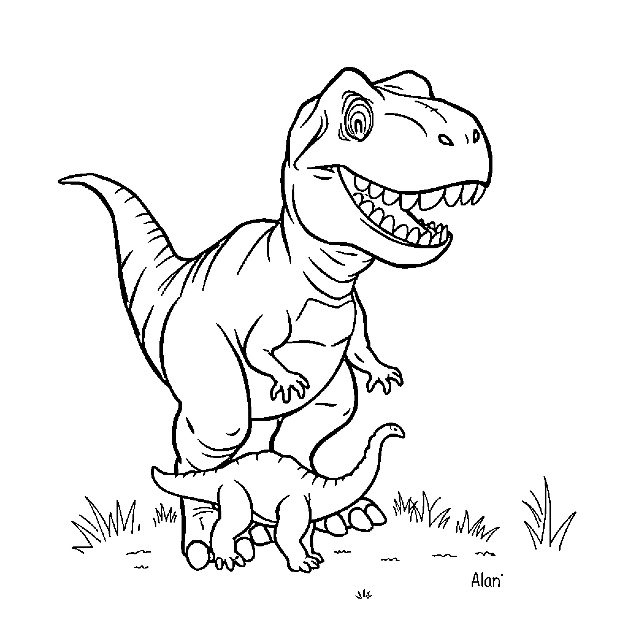 T-Rex Exploring Its Surroundings Playfully Coloring Page (free black-and-white line drawing printable PDF for all, from beginners to advanced learners, including children, teens, adults, and seniors)