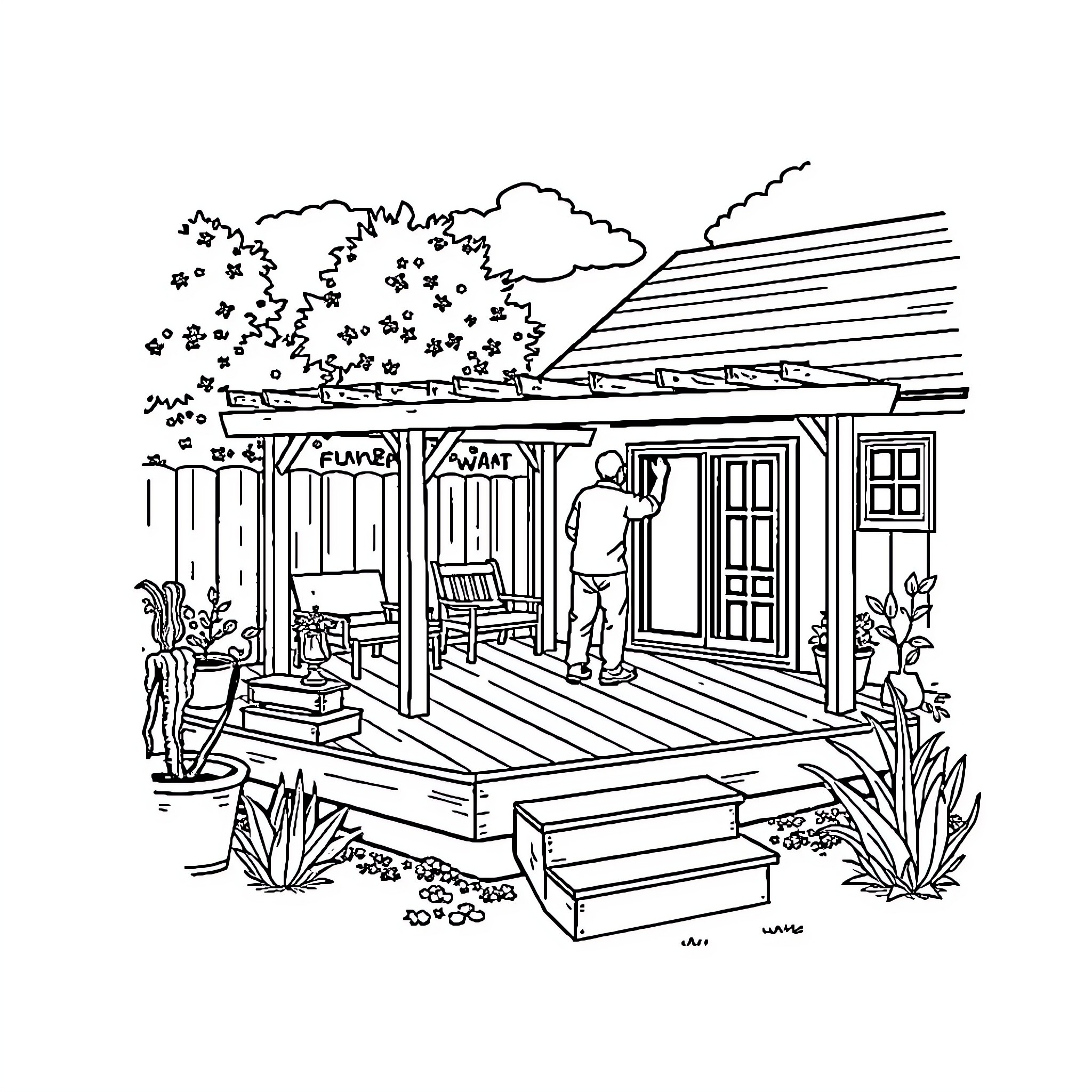 Man admiring the view from his porch Coloring Page (free black-and-white line drawing printable PDF for all, from beginners to advanced learners, including children, teens, adults, and seniors)